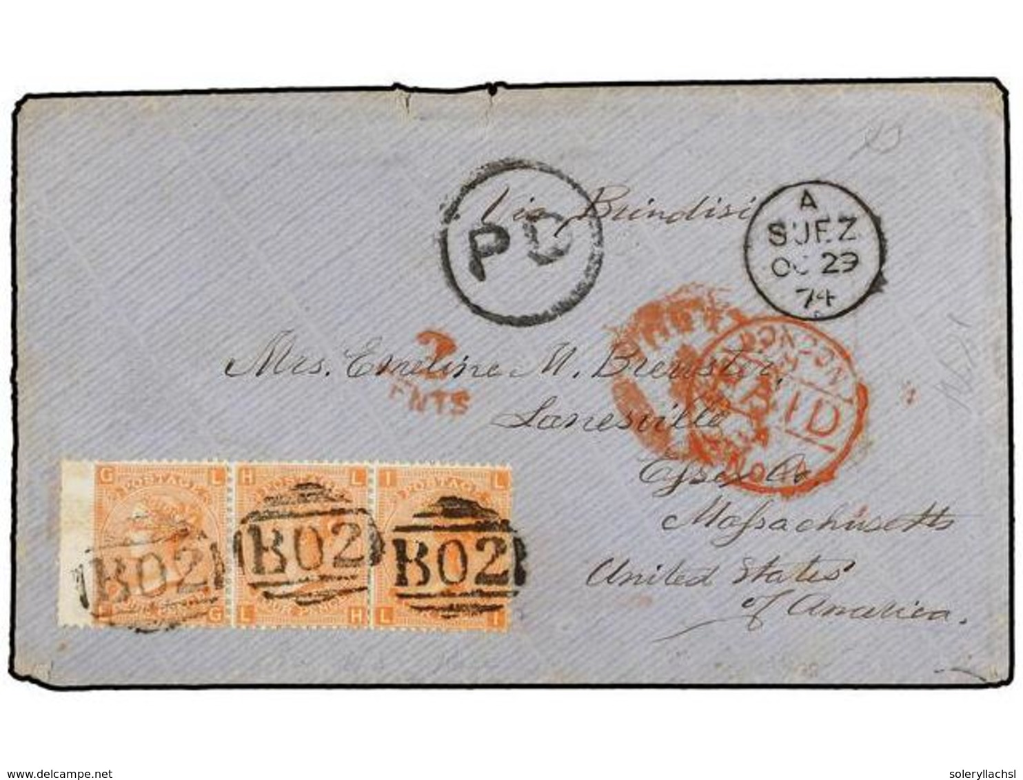 EGIPTO. 1874. SUEZ To U.S.A. Envelope Franked With GB Strip Of Three Of 4d. Orange Pl. 13, Tied By Barred B02 With SUEZ  - Otros & Sin Clasificación