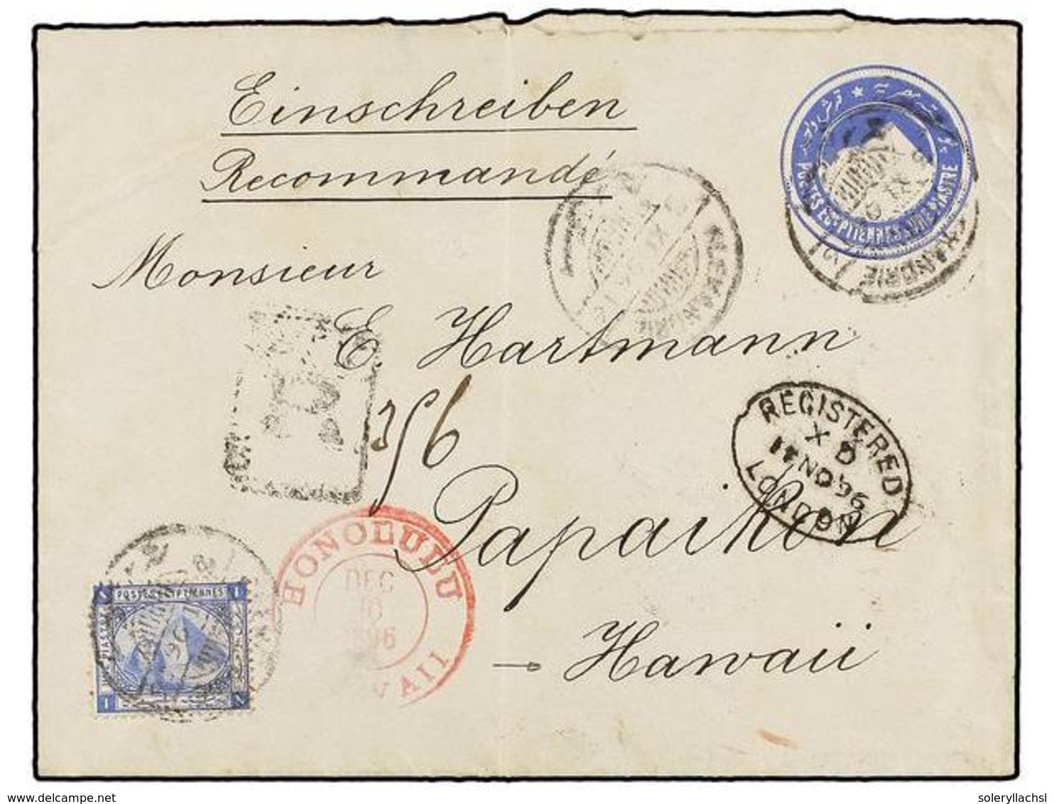 EGIPTO. 1896. ALEXANDRIE To PAPAIKON (Hawaii). 1 Pi. Blue Postal Stationery Envelope Uprated With 1 Pi. Blue Stamp. Arri - Otros & Sin Clasificación