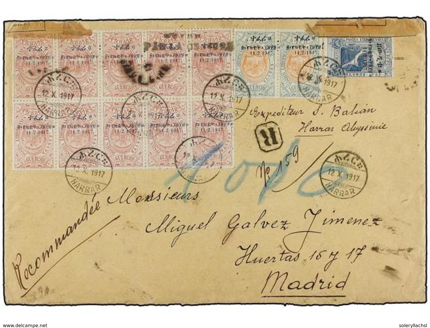 ETIOPIA. October 12, 1917. Registered Cover From HARAR To MADRID. At Back Postmarks Of The French Far East Maritime Line - Autres & Non Classés