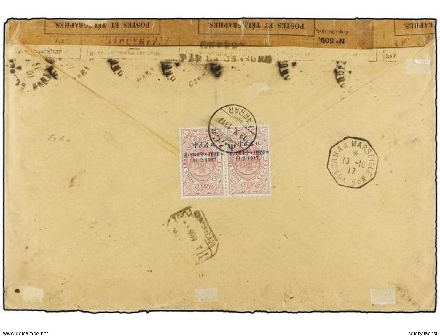 ETIOPIA. October 12, 1917. Registered Cover From HARAR To MADRID. At Back Postmarks Of The French Far East Maritime Line - Otros & Sin Clasificación