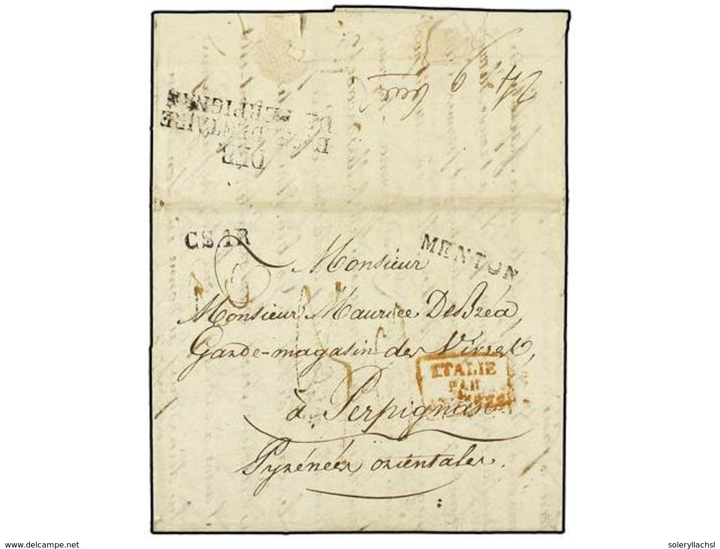 ESPAÑA: PREFILATELIA. (1823 CA.). Carta Completa Sin Fechar MENTON A PERPIGNAN. Marca Al Dorso DEB./BAU.SEDENTAIRE/DE PE - Other & Unclassified