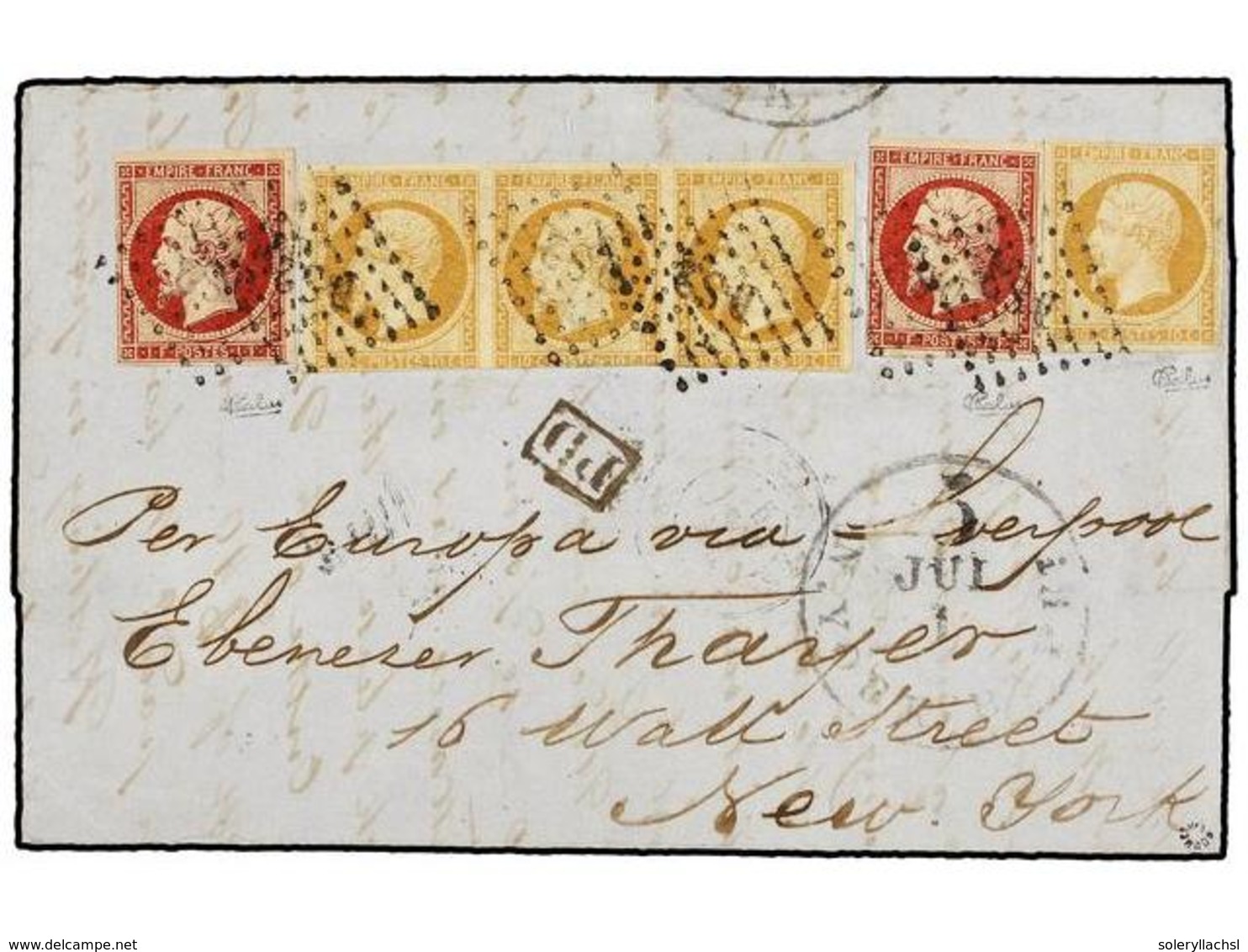 FRANCIA. Yv.13 (6), 18 (2). 1854. PARÍS A NEW YORK. 10 Cts. Bistre (6) (dos En El Reverso) Y 1 Fr. Carmín, Uno Con Los M - Sonstige & Ohne Zuordnung