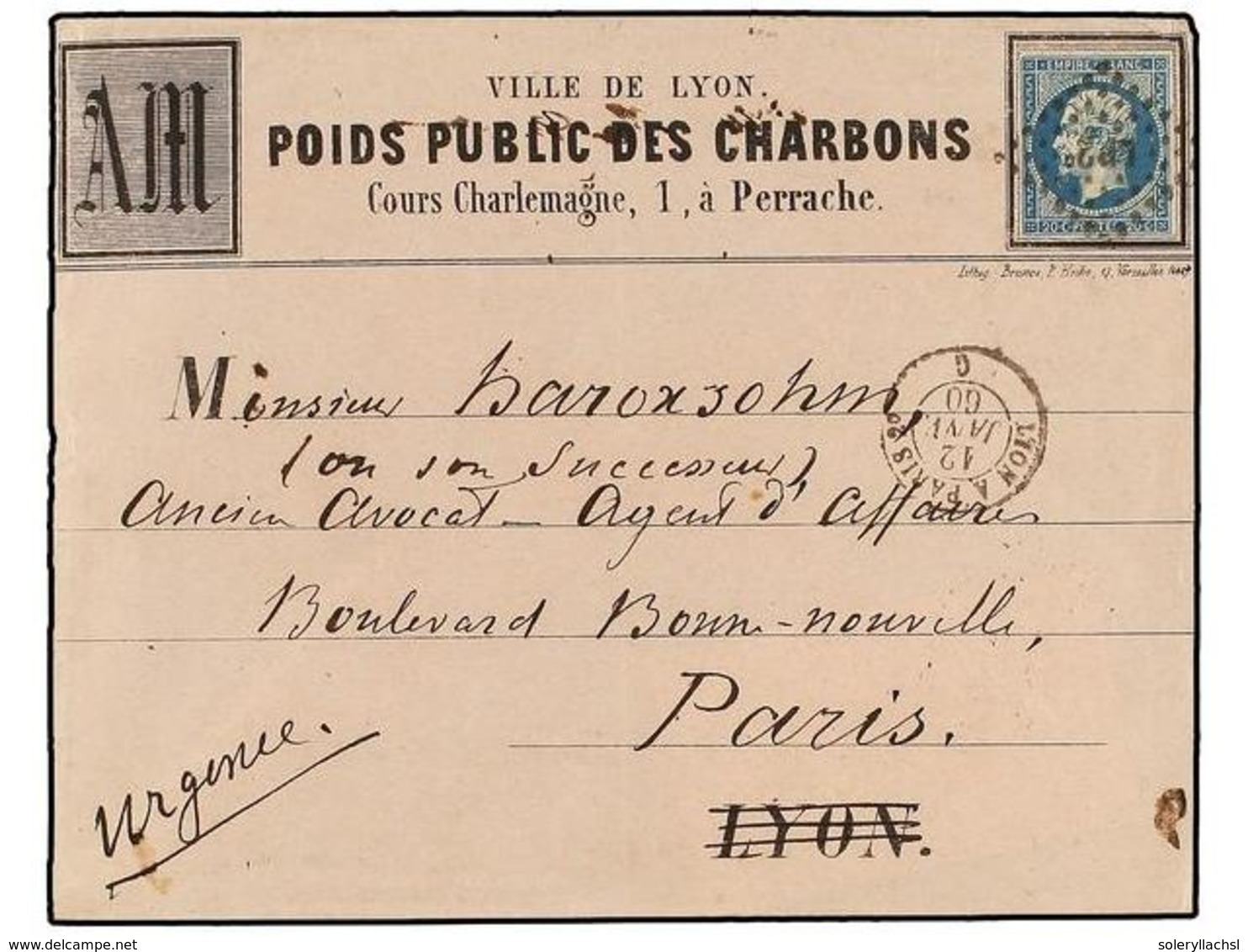 FRANCIA. Yv.14. 1860. LYON A PARÍS. 20 Cts. Azul Con Publicidad Impresa A.M. POIDS PUBLIC DES CHARBONS. Muy Raro, Uno De - Autres & Non Classés