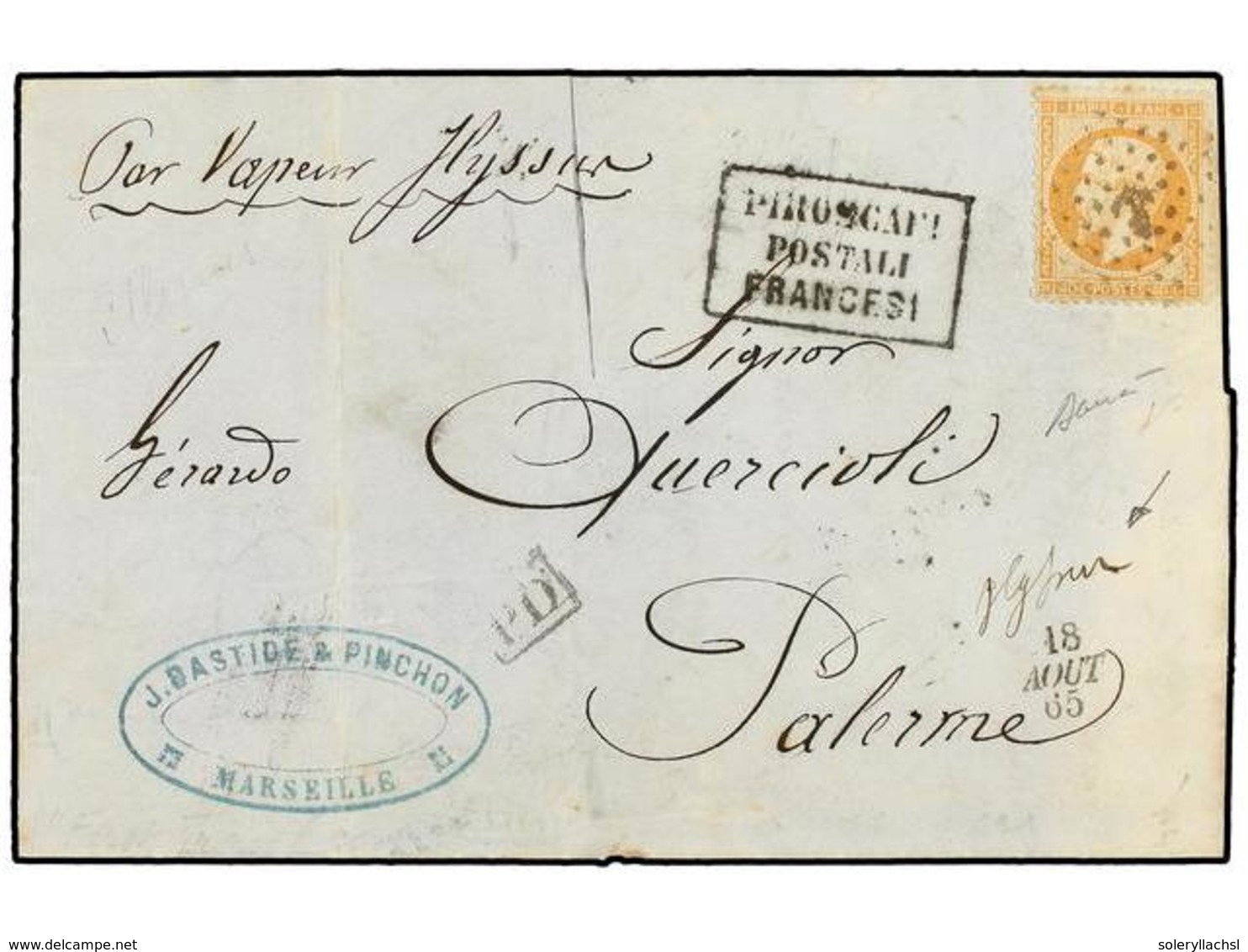 FRANCIA. Yv.23. 1865. MARSEILLE A PALERMO. 40 Cts. Naranja, Mat. ANCLA, PRIMER VIAJE DEL PAQUEBOT ILLISSUS Fechador Solo - Other & Unclassified