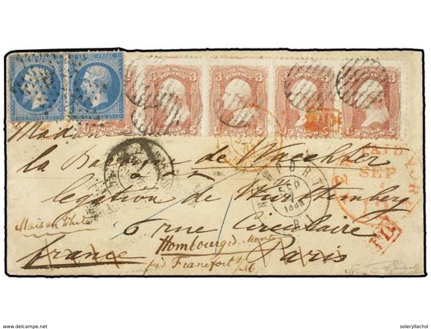 FRANCIA. 1868. NEW PORT To PARIS. 3 Cts. Rose (Sc. 65) Strip Of Five Tied By Grill Cancel Redirected To FRANKFURT (Germa - Sonstige & Ohne Zuordnung