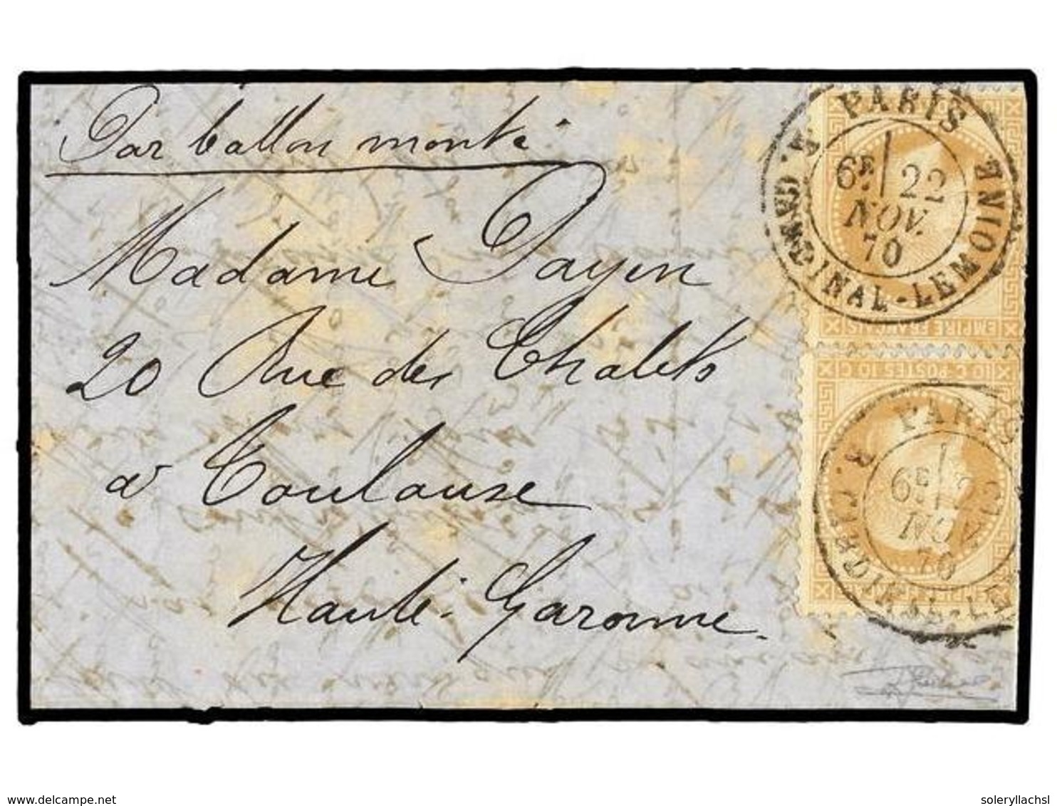 FRANCIA. 1870 (22 Nov.). PARIS To TOULOUSE. BALLOON "VILLE D'ORLEANS". Entire Franked With Two 10 Cts. Bister With PARIS - Otros & Sin Clasificación