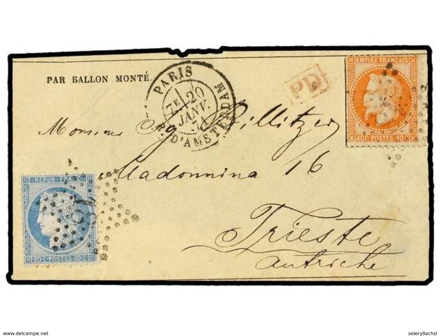 FRANCIA. 1871 (Jan. 20). PARIS To TRIESTE (Austria). BALLOON "LE GENERAL DAUMESNIL". Envelope (large Part Of Back Missin - Autres & Non Classés