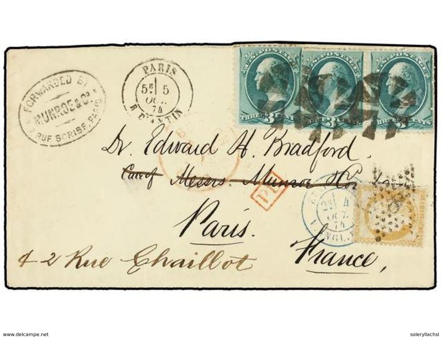 FRANCIA. 1874. BOSTON To PARIS. 3 Cts. Green (3) With Cork Cancel Redirected In Paris With French Stamp Of 15 Cts. Yello - Sonstige & Ohne Zuordnung