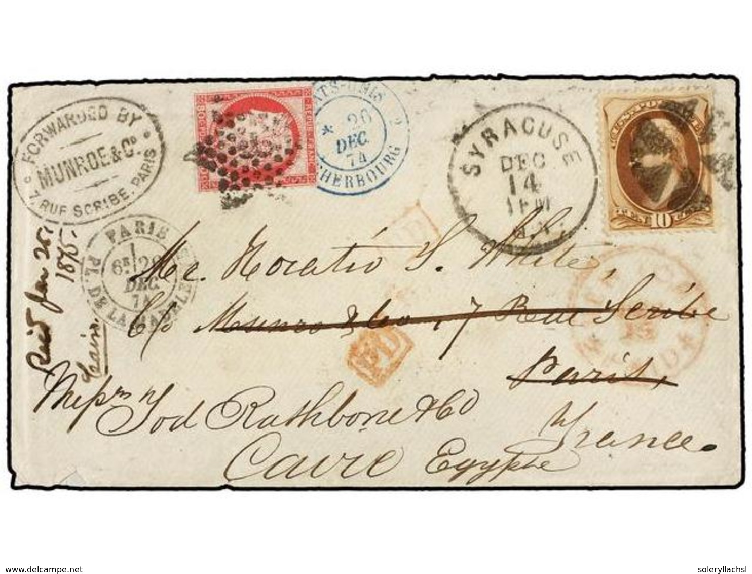 FRANCIA. 1874. SYRACUSE (Usa) To PARIS. Envelope Franked With 10 Cents. Brown Stamp (Sc. 161) Tied With Cork Cancel. Red - Other & Unclassified