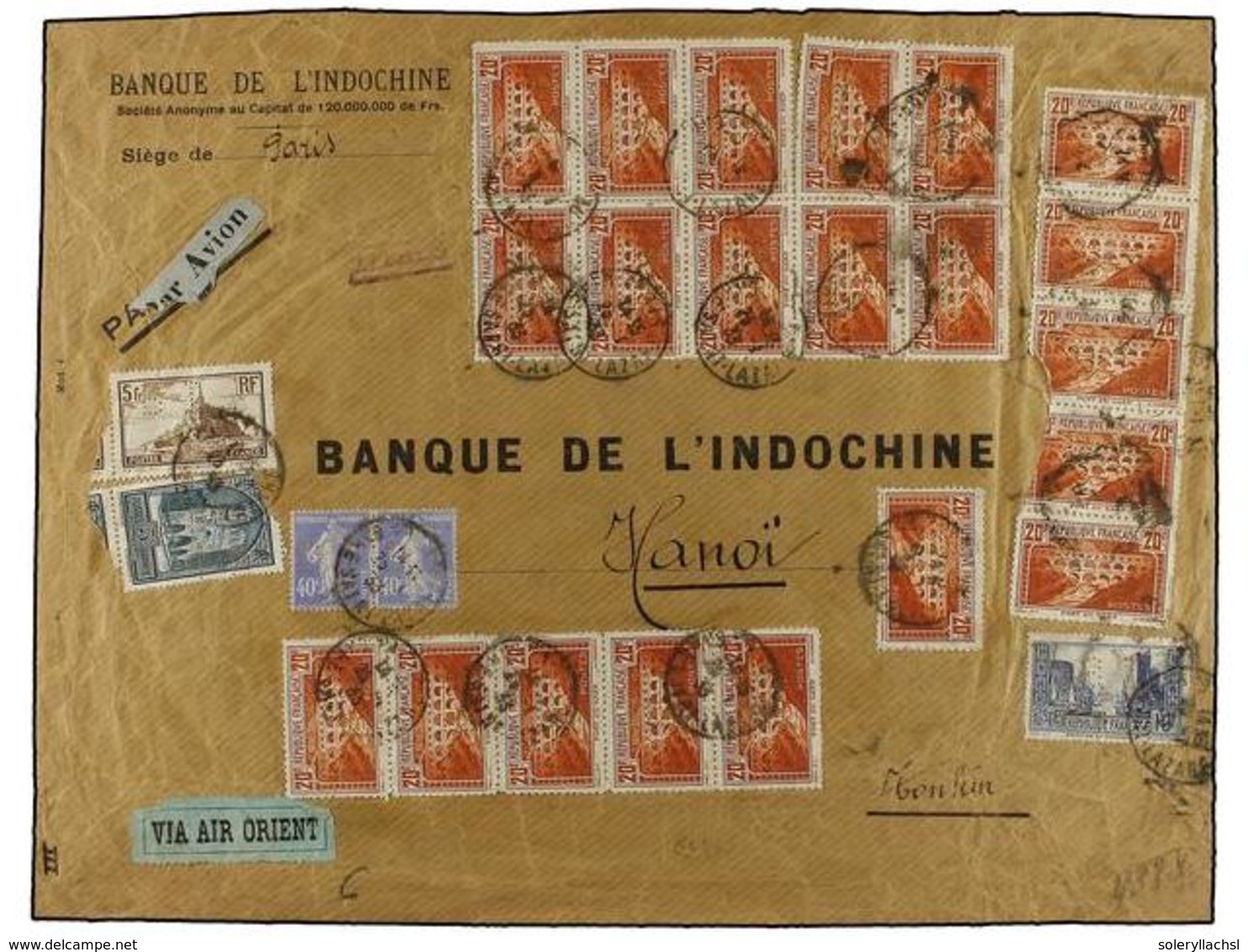 FRANCIA. Yv.262B. 1933. PARÍS A TONKIN (Indochina). 40 Cts., 3 Frs., 5 Fr., 10 Fr. Y Veintiún Sellos Del Muy Raro 20 Fr. - Otros & Sin Clasificación