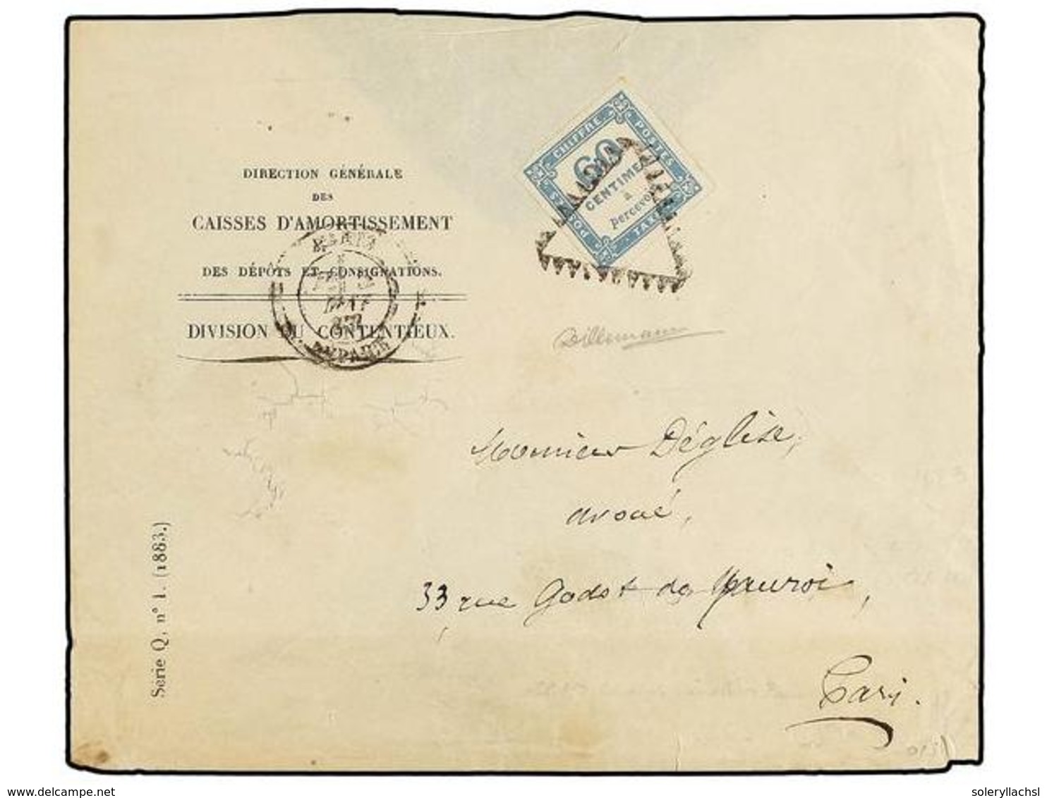 FRANCIA. 1883. PARÍS Carta Sin Franqueo Tasada A La Llegada Con Sello De 60 Cts. Azul (Yv. 9). Sobre Con Defectos, Sello - Other & Unclassified