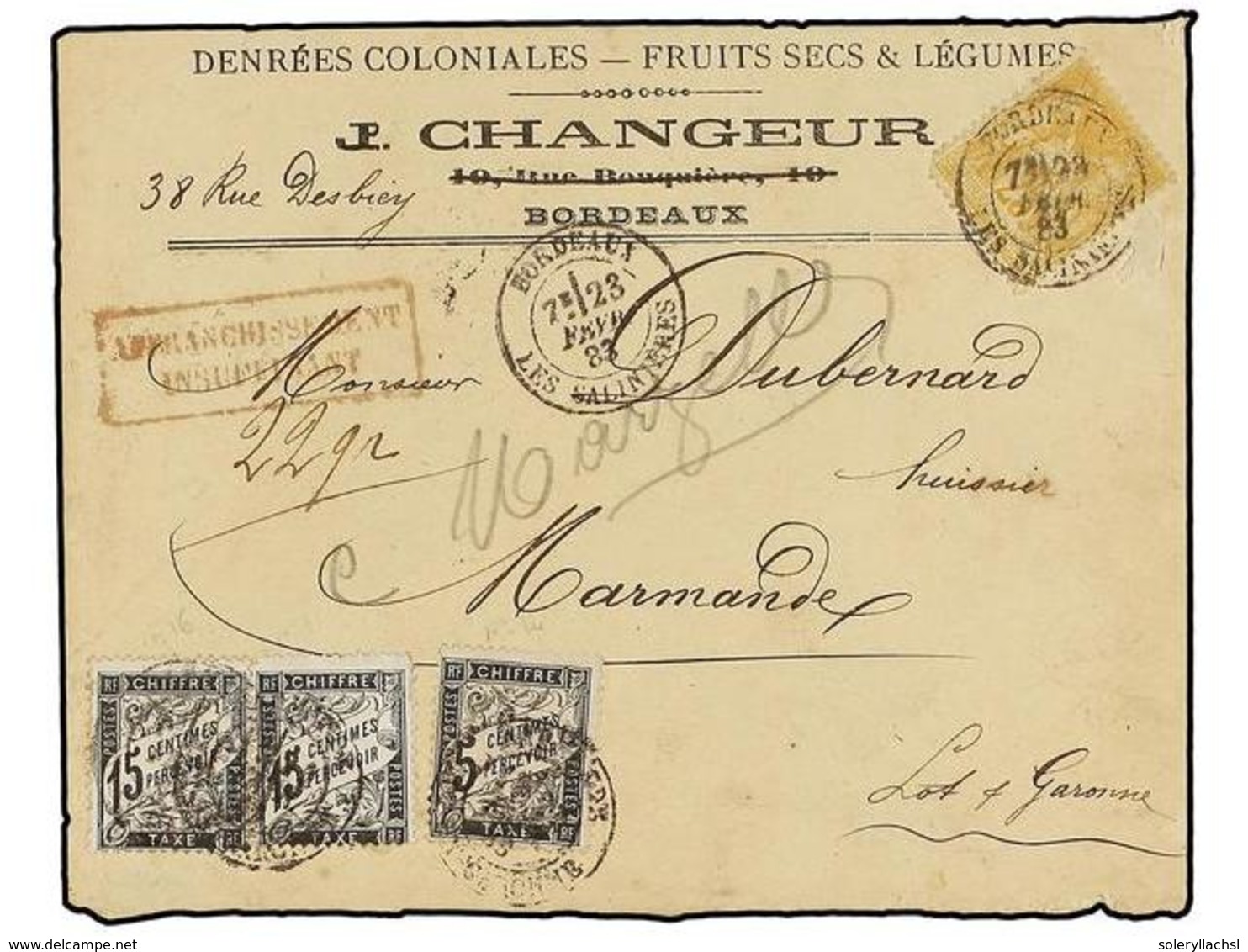 FRANCIA. 1883. BORDEAUX A MARMANDE. 25 Cts. Amarillo (defecto) Tasada Con Sellos De 5 Cts. Negro, 15 Cts. Negro (2) (tas - Autres & Non Classés