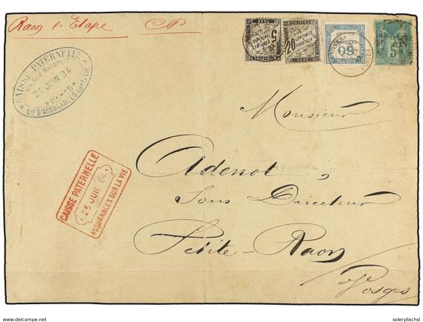 FRANCIA. 1884. PARÍS A SENONES. Frontal De Carta Circulada Con Sello De 5 Cts. Verde (defectos) Tasada A La Llegada Con  - Autres & Non Classés