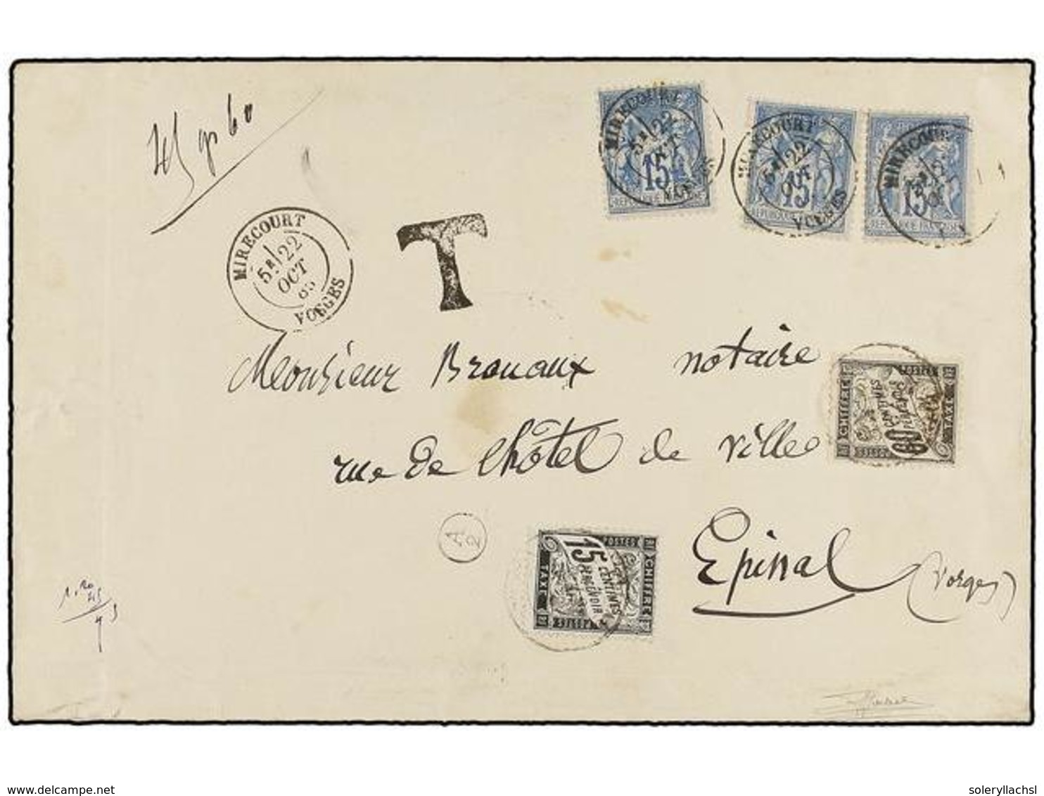 FRANCIA. 1885. MIRECOURT A EPINAL. 15 Cts. Azul (3) Tasada A La Llegada Con 15 Cts. Negro Y 60 Cts. Negro (tasa De Cuádr - Autres & Non Classés