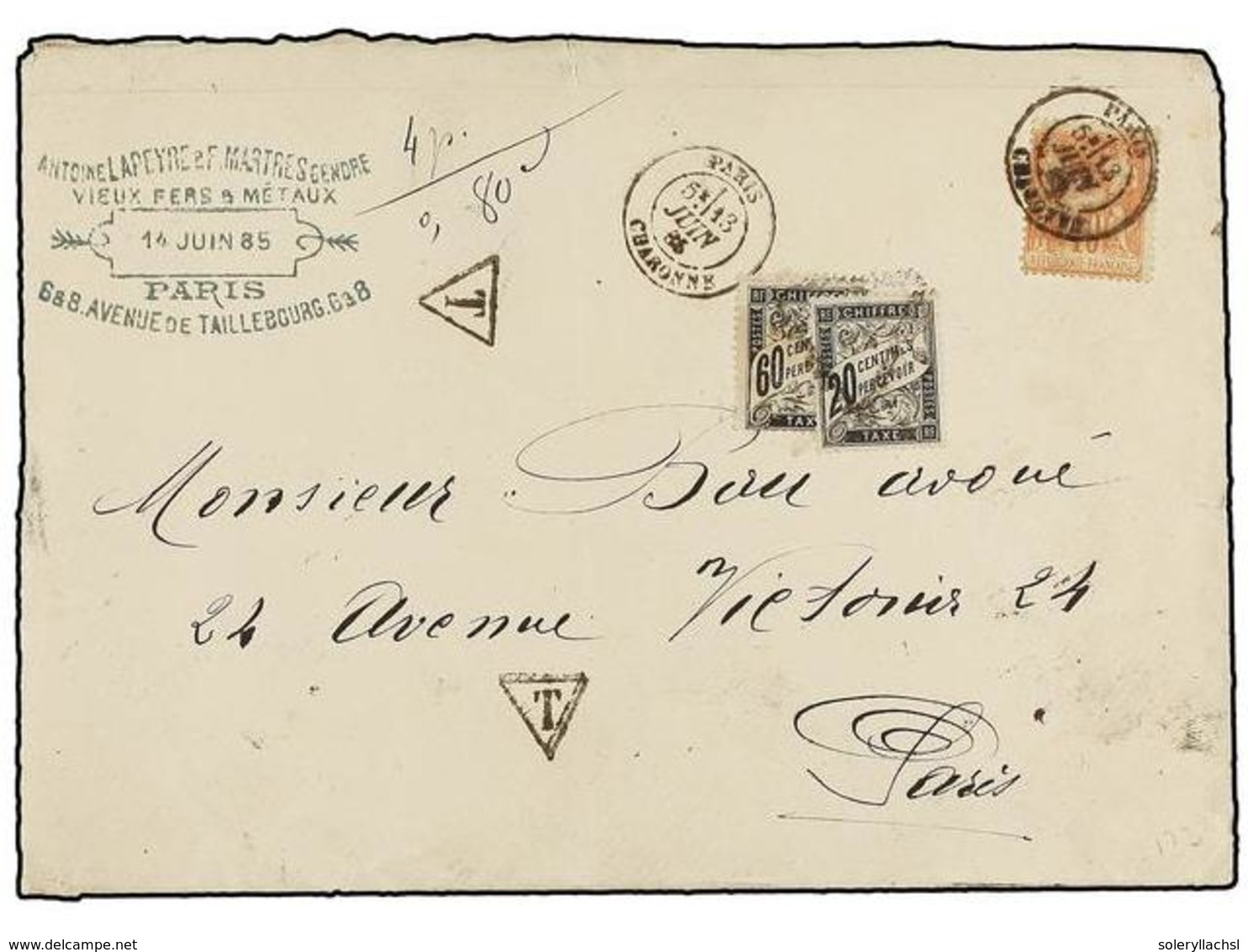 FRANCIA. 1885. PARÍS Correo Interior, 40 Cts. Naranja, Tasada Con 20 Cts. Negro Y 60 Cts. Negro (tasa De Cuádruple Porte - Autres & Non Classés