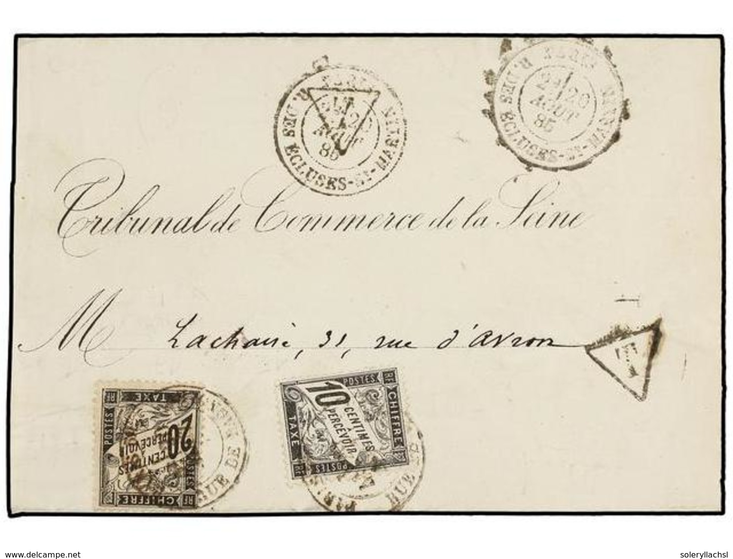 FRANCIA. 1885. PARÍS Correo Interior Tasada Con Sellos De 10 Cts. Negro Y 20 Cts. Negro, Mat. PARIS/R. DES ECLUSES. - Autres & Non Classés