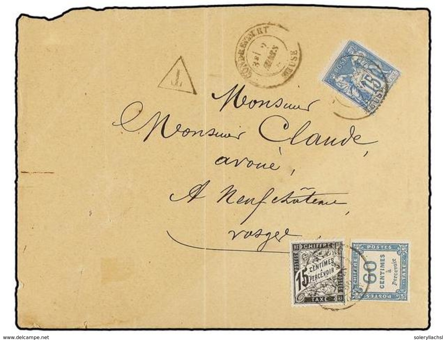 FRANCIA. 1886. MEUSE A NEUFCHATEAU. 15 Cts. Azul, Tasada A La Llegada Con 15 Cts. Negro Y 60 Cts. Azul (tasa De Triple P - Autres & Non Classés