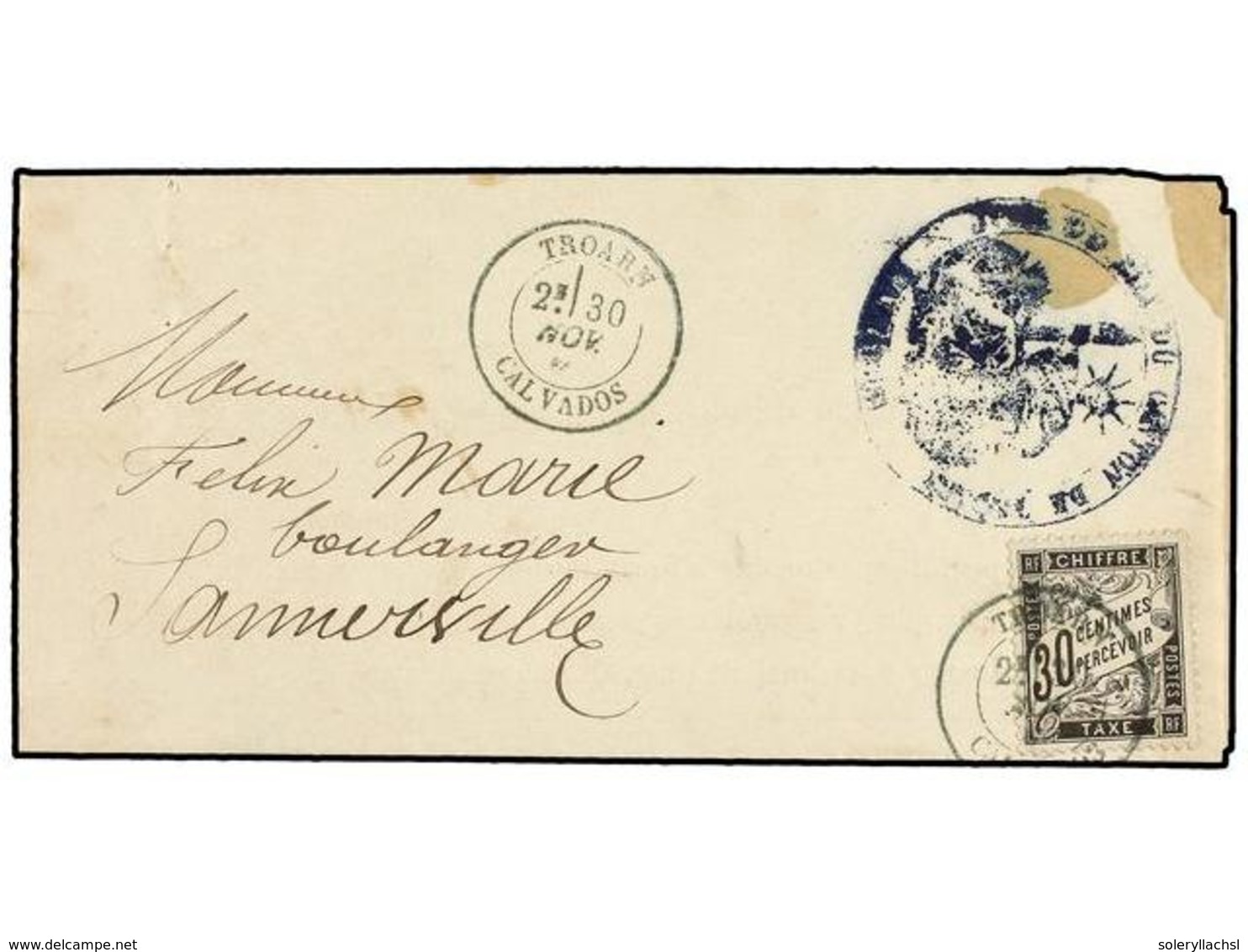 FRANCIA. 1886. TROARN A Carta Local Tasada Con Sello De 30 Cts. Negro, Mat. TROAN/CALVADOS En Azul. - Otros & Sin Clasificación