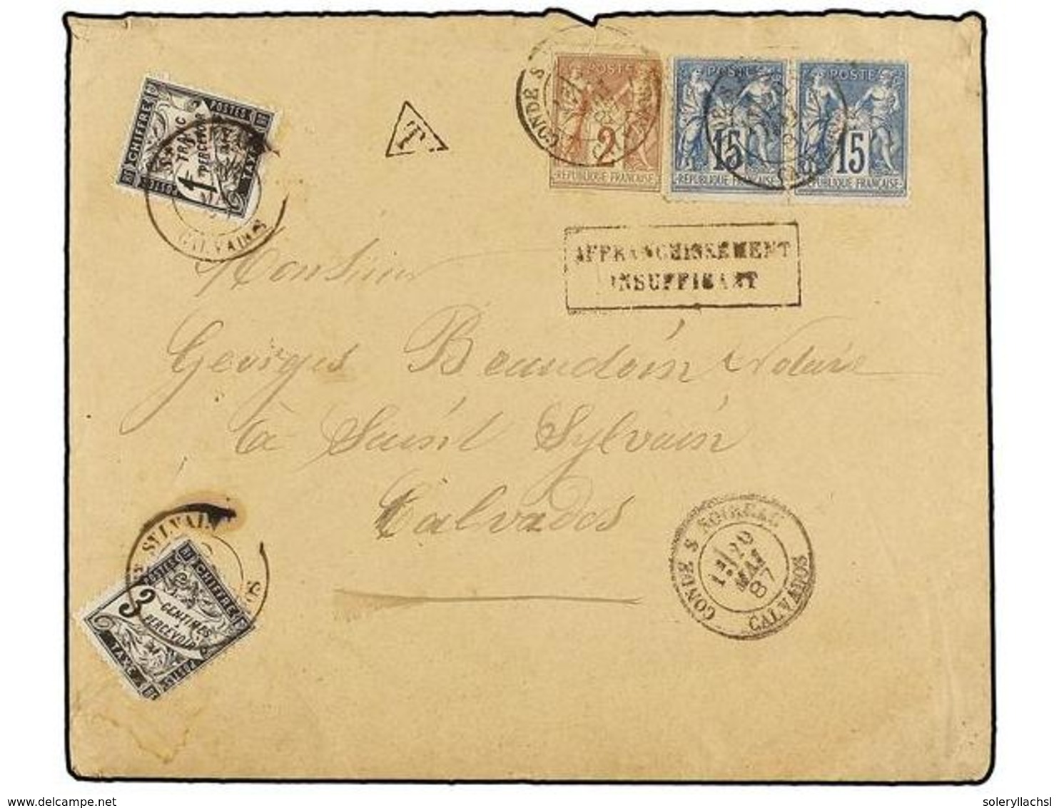 FRANCIA. 1887. CONDE S. NOIREAU A ST. SYLVAIN. 2 Cts. Bistre (defecto) Y 15 Cts. Azul (2) Tasada A La Llegada Con 3 Cts. - Other & Unclassified