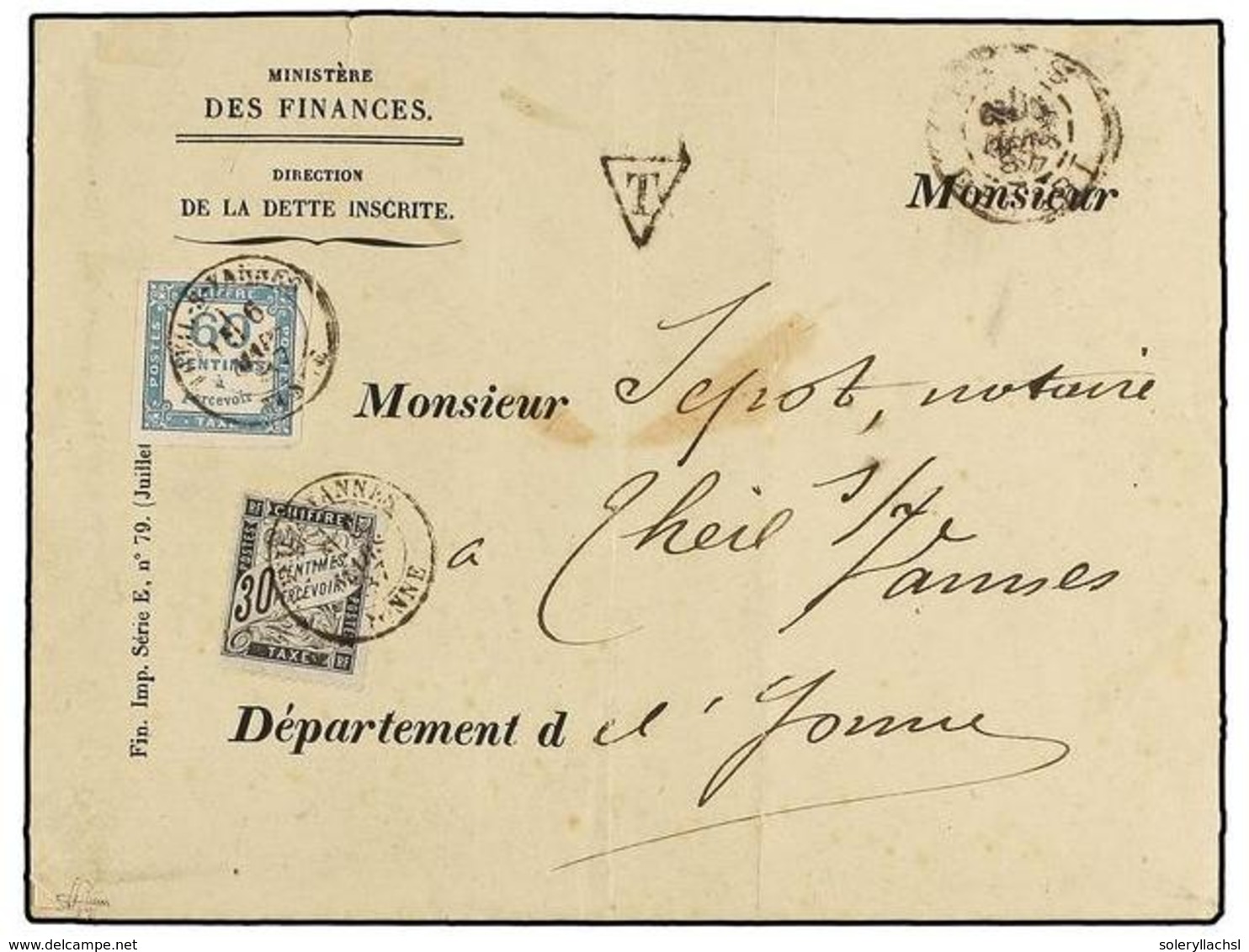 FRANCIA. 1887. PARÍS A THEIL S. VANNES. Sobre Sin Franqueo Tasado A La Llegada Con Sellos De 30 Cts. Negro Y 60 Cts. Azu - Autres & Non Classés