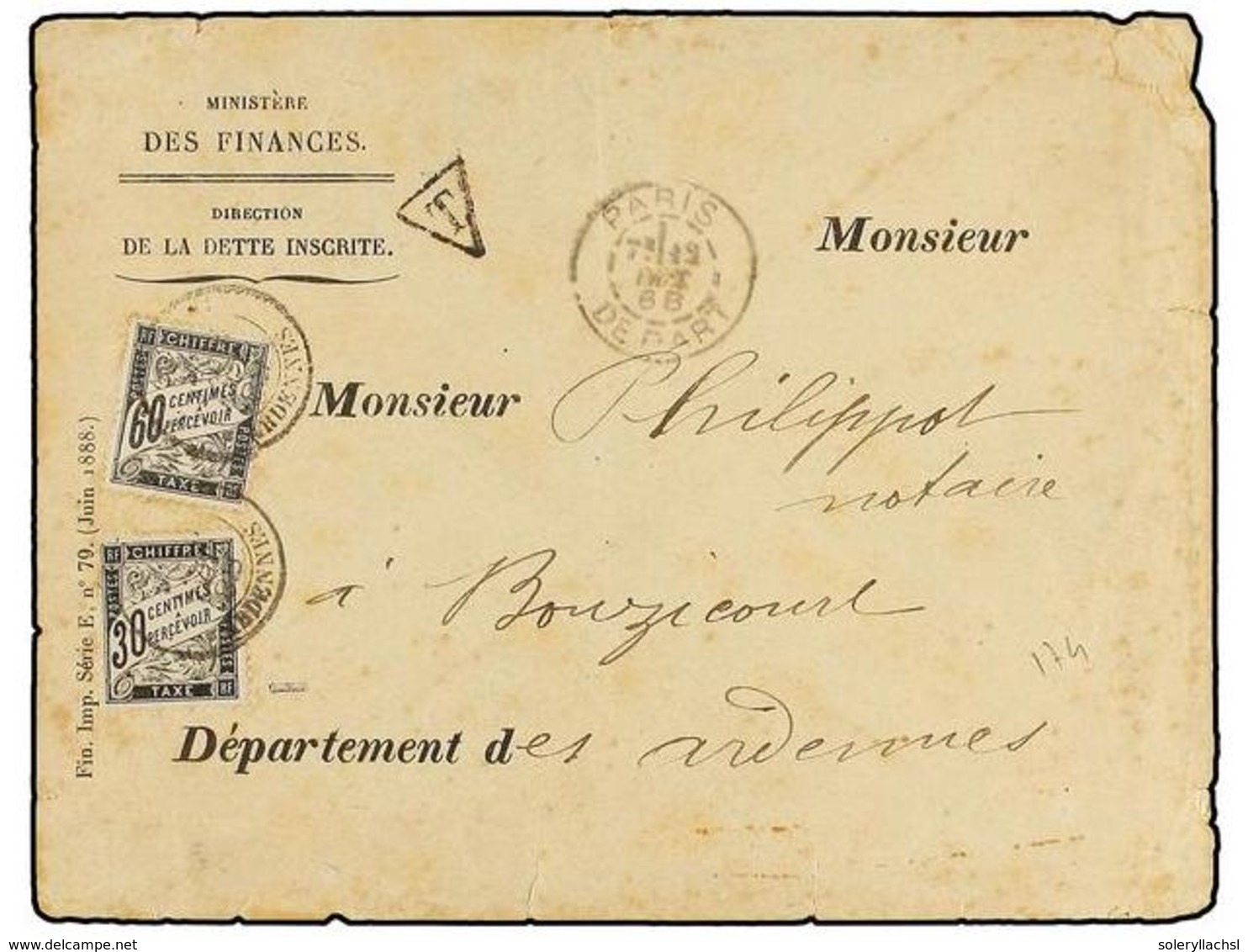 FRANCIA. 1888. PARÍS A BOULZICOURT. Sobre Sin Franqueo, Tasado A La Llegada Con Sellos De 30 Cts. Negro Y 60 Cts. Negro  - Sonstige & Ohne Zuordnung