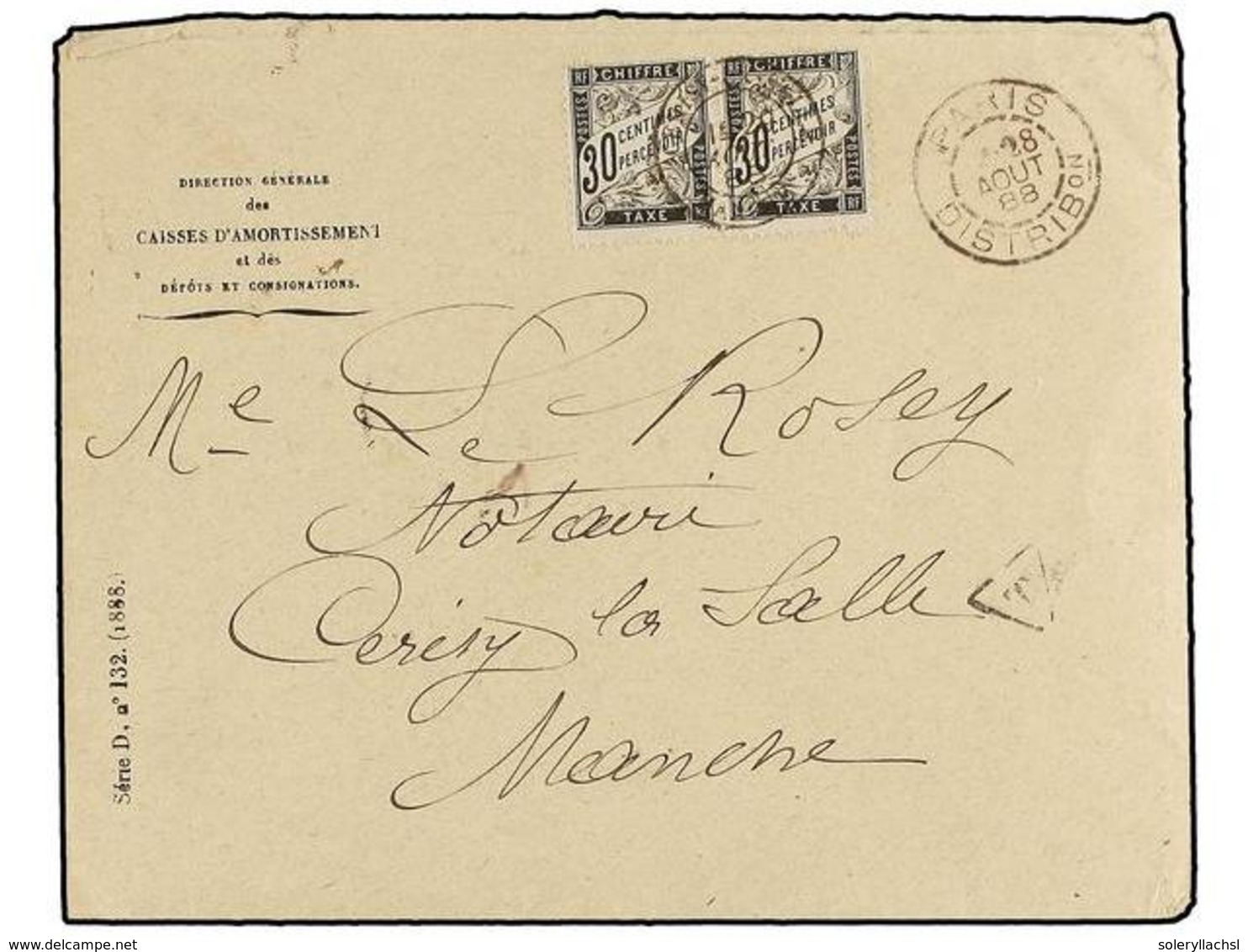 FRANCIA. 1888. PARÍS A CERISY-LA-SALLE. Sobre Sin Franquear Tasado A La Llegada Con Una Pareja Del 30 Cts. Negro, Corres - Sonstige & Ohne Zuordnung