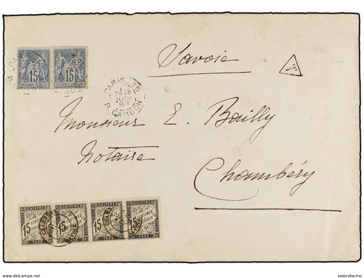 FRANCIA. 1889. PARÍS A CHAMBERY. 15 Cts. Azul (2) Tasada Con Una Tira De Cuatro Del 15 Cts. Negro (tasa De Triple Porte  - Autres & Non Classés