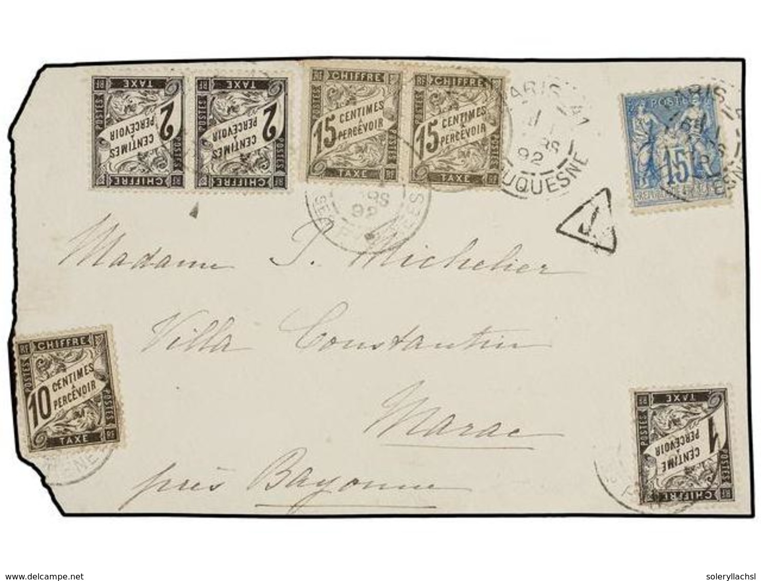 FRANCIA. 1892. FRONTAL. PARÍS A BAYONNE. 15 Cts. Azul, Tasada Con Sellos De 1 Cto. Negro, 2 Cts. Negro (2), 10 Cts. Negr - Autres & Non Classés