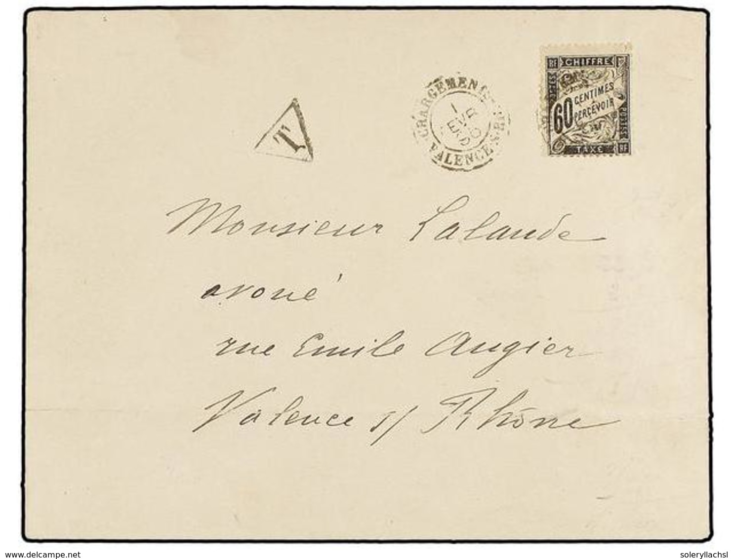 FRANCIA. 1896. Sobre Sin Franquear Circulado A VALENCE, Tasado A La Llegada Con Sello De 60 Cts. Negro, Mat. CHARGEMENTS - Other & Unclassified