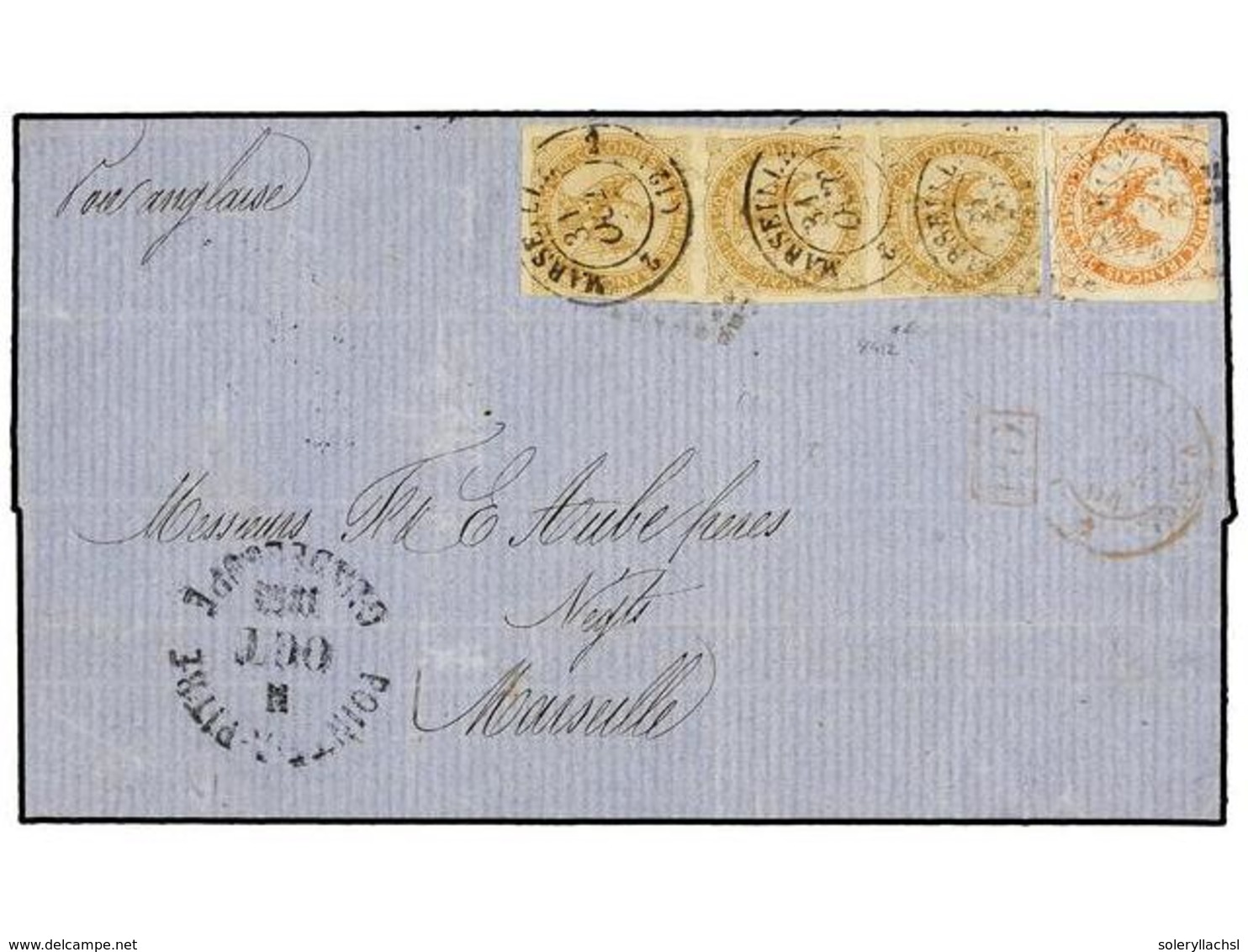 GUADALUPE. 1864. POINTE A PITRE A FRANCIA. Envuelta Circulada Con Una Tira De Tres Del 10 Cts. Bistre Y 40 Cts. Matasell - Other & Unclassified