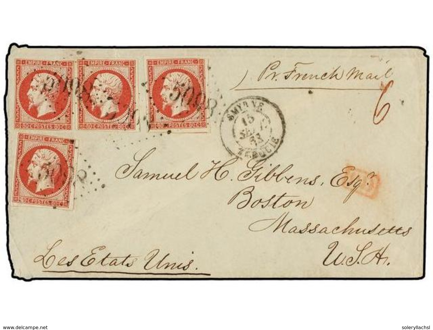 LEVANTE: CORREO FRANCES. 1862. SMYRNE To U.S.A. Envelope Franked With Four French 80 Cts. Rose Stamps Tied By 5098 Grill - Autres & Non Classés