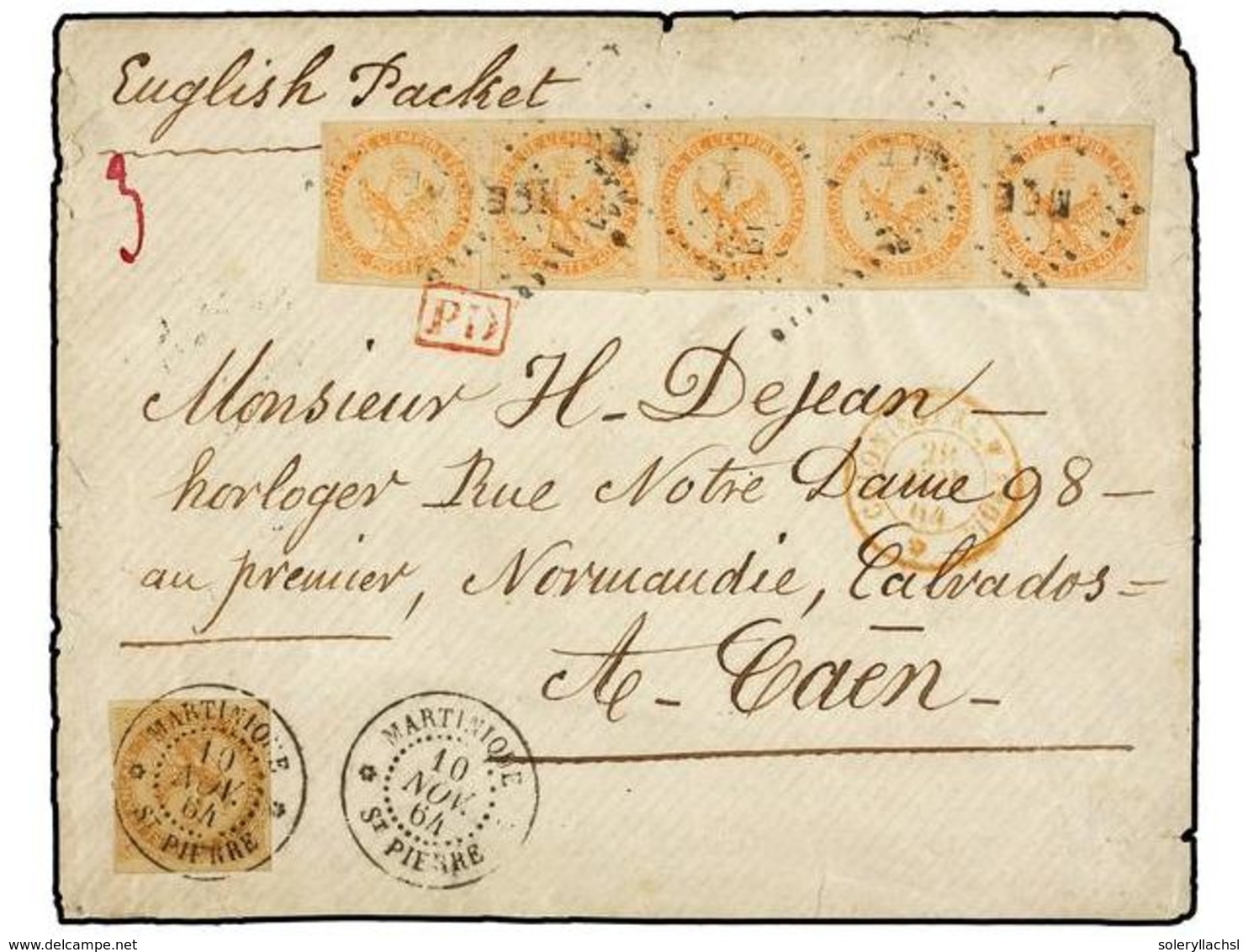 MARTINICA. 1864. ST. PIERRE A FRANCIA. 10 Cts. Bistre, 40 Cts. Naranja Tira De Cinco. Sello De 10 Cts. Bister Mat. MARTI - Autres & Non Classés