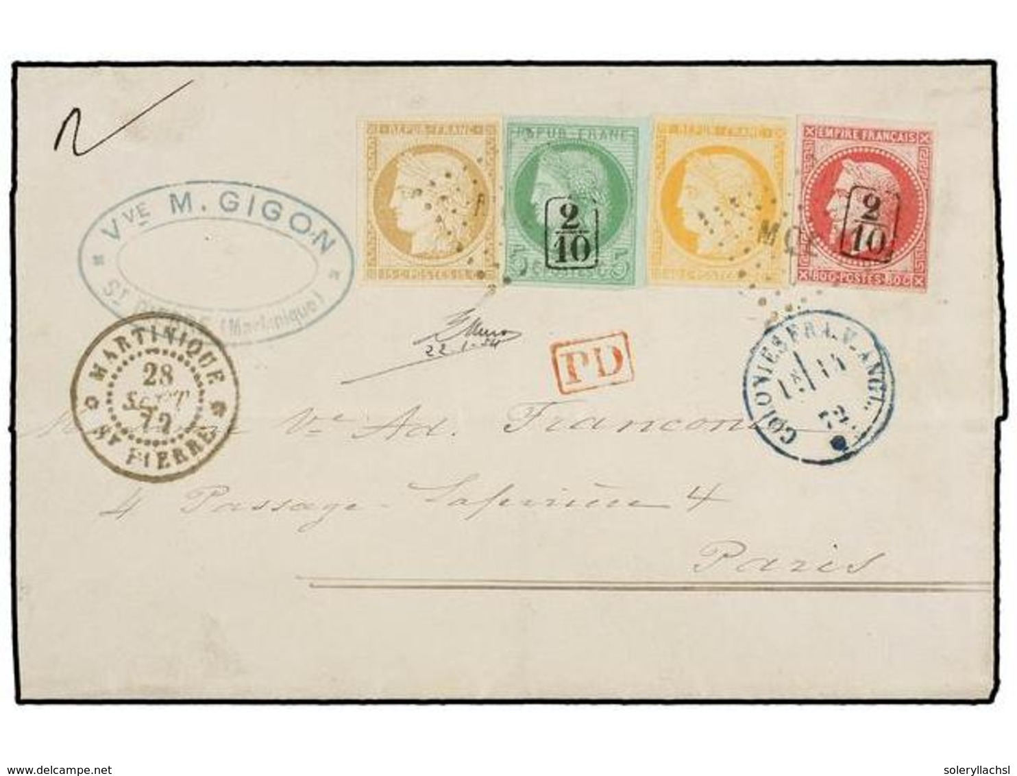 MARTINICA. 1872. ST. PIERRE To PARIS. Endorsed "2" At Top Left Denoting The Double Rate, In This Case Via British Packet - Autres & Non Classés