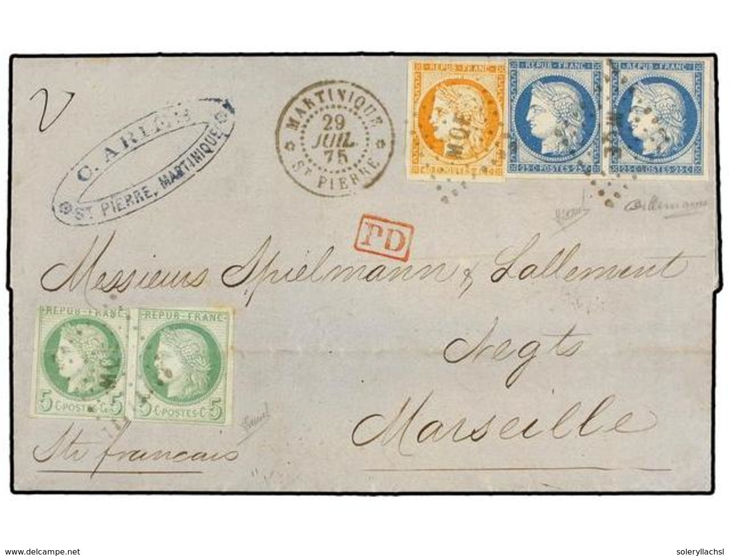 MARTINICA. 1875. MARTINICA A FRANCIA. 5 Cts. Verde (2) (afectados Por Un Pliegue De Archivo), 25 Cts. Azul (2) Y 40 Cts. - Autres & Non Classés