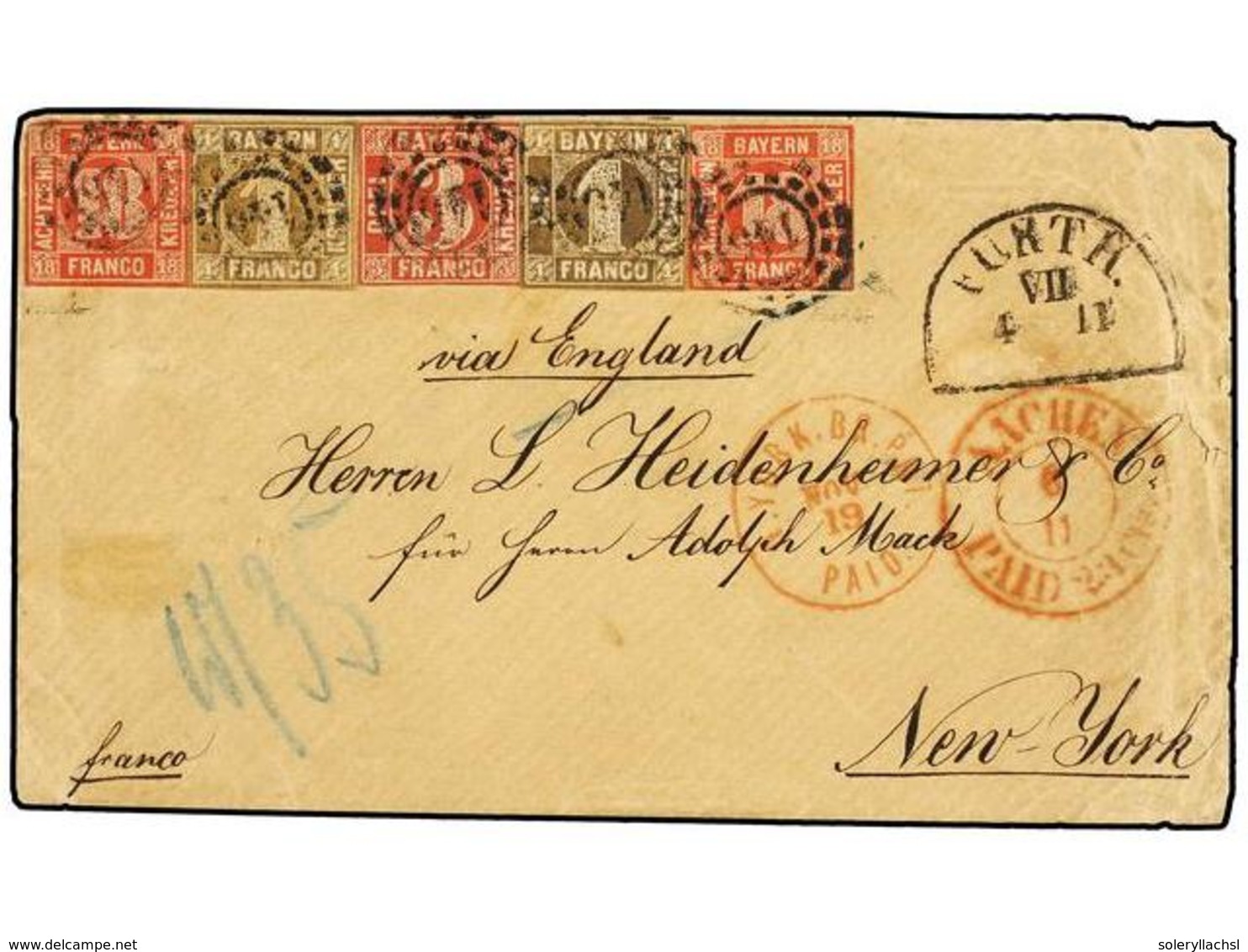 ALEMANIA ANTIGUOS ESTADOS: BAVIERA. Mi.8 (2), 9, 13 (2). (1864 CA.). FURTH To NEW YORK. Envelope Franked With Two 1 Kr.  - Autres & Non Classés