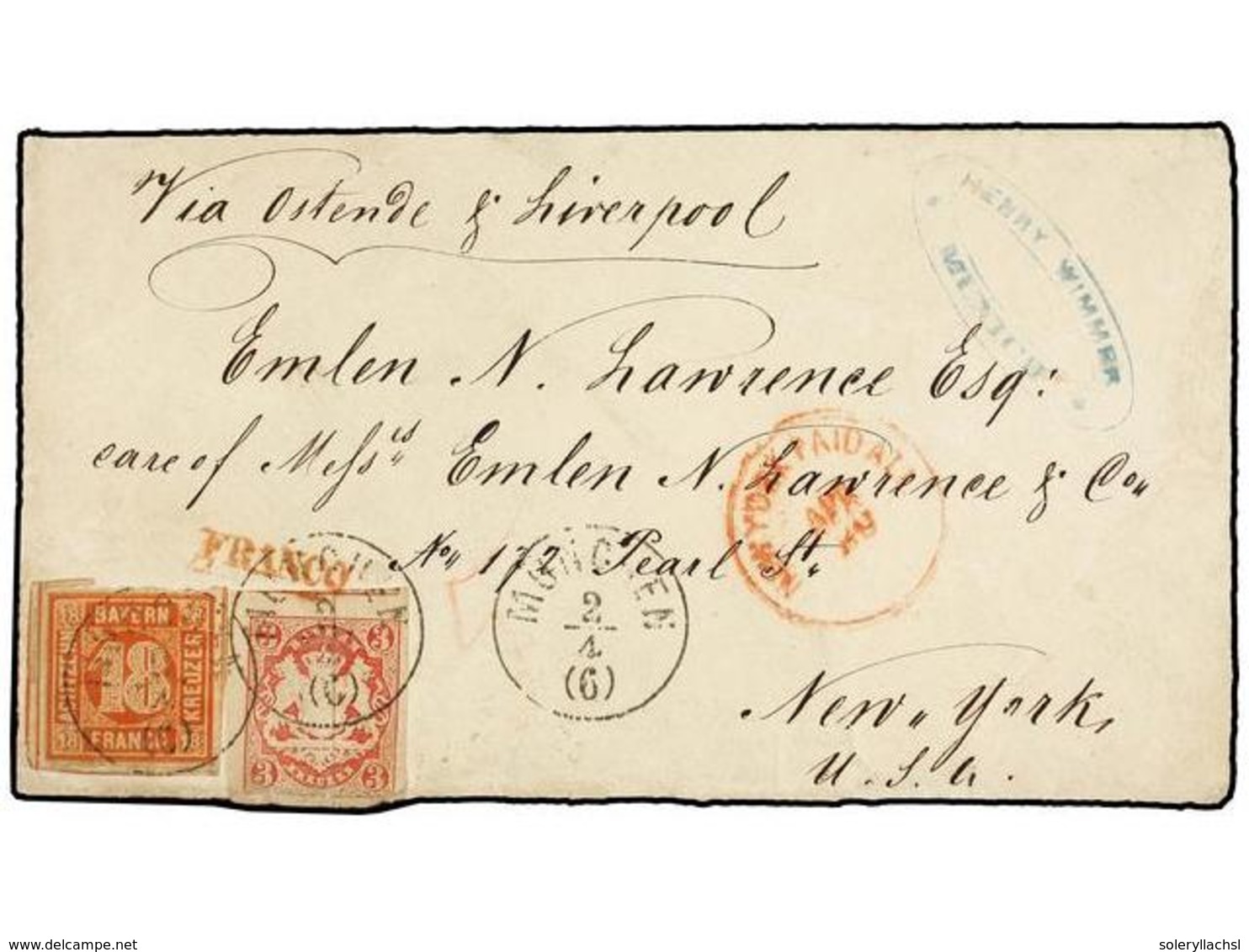 ALEMANIA ANTIGUOS ESTADOS: BAVIERA. Mi.13, 23. (1865 CA.). MUNCHEN To NEW YORK. Envelope Franked With 3 Kr. Rose And 18  - Autres & Non Classés