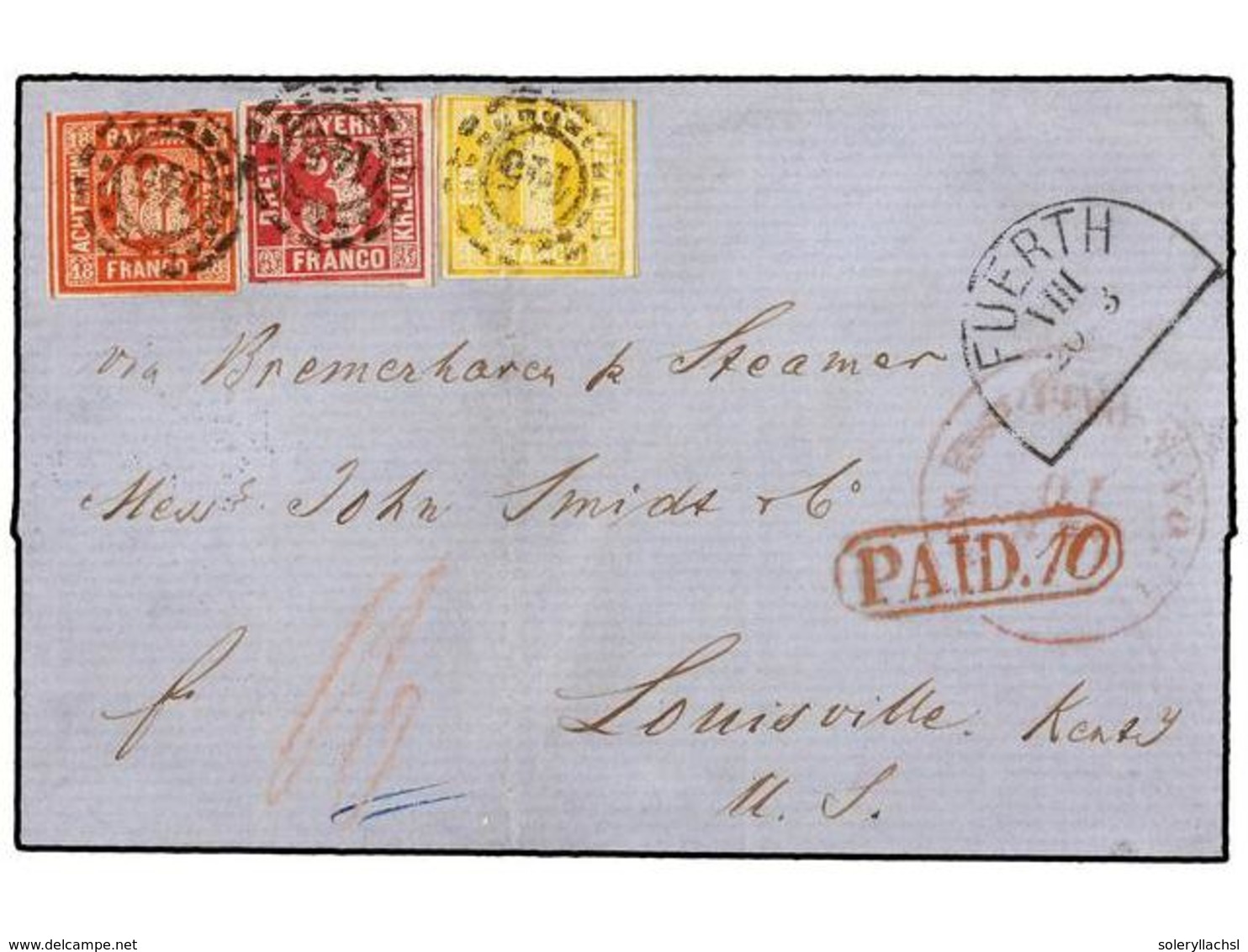 ALEMANIA ANTIGUOS ESTADOS: BAVIERA. Mi.8, 9, 13. 1866. FUERTH To U.S.A. Folded Letter Franked With 1 Kr. Yellow, 3 Kr. R - Autres & Non Classés