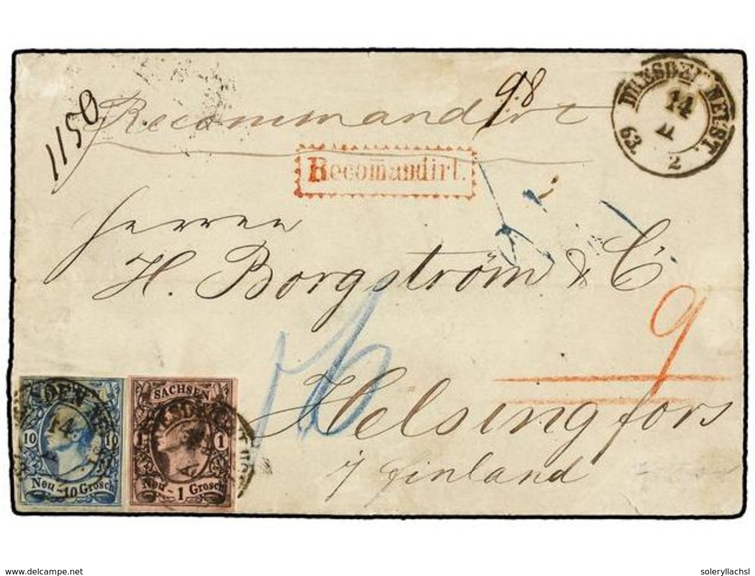 ALEMANIA ANTIGUOS ESTADOS: SAJONIA. 1863. DRESDEN To HELSINGFORS (Finland). 1 Ngrs. Black On Rose And 10 Ngr. Blue, Red  - Autres & Non Classés