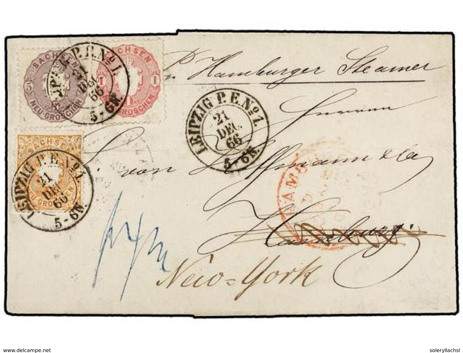 ALEMANIA ANTIGUOS ESTADOS: SAJONIA. Mi.15, 16, 19. 1866. LEIPZIG To NEW YORK. Folded Letter Franked With 1/2 Gr., 1 Gr.  - Other & Unclassified