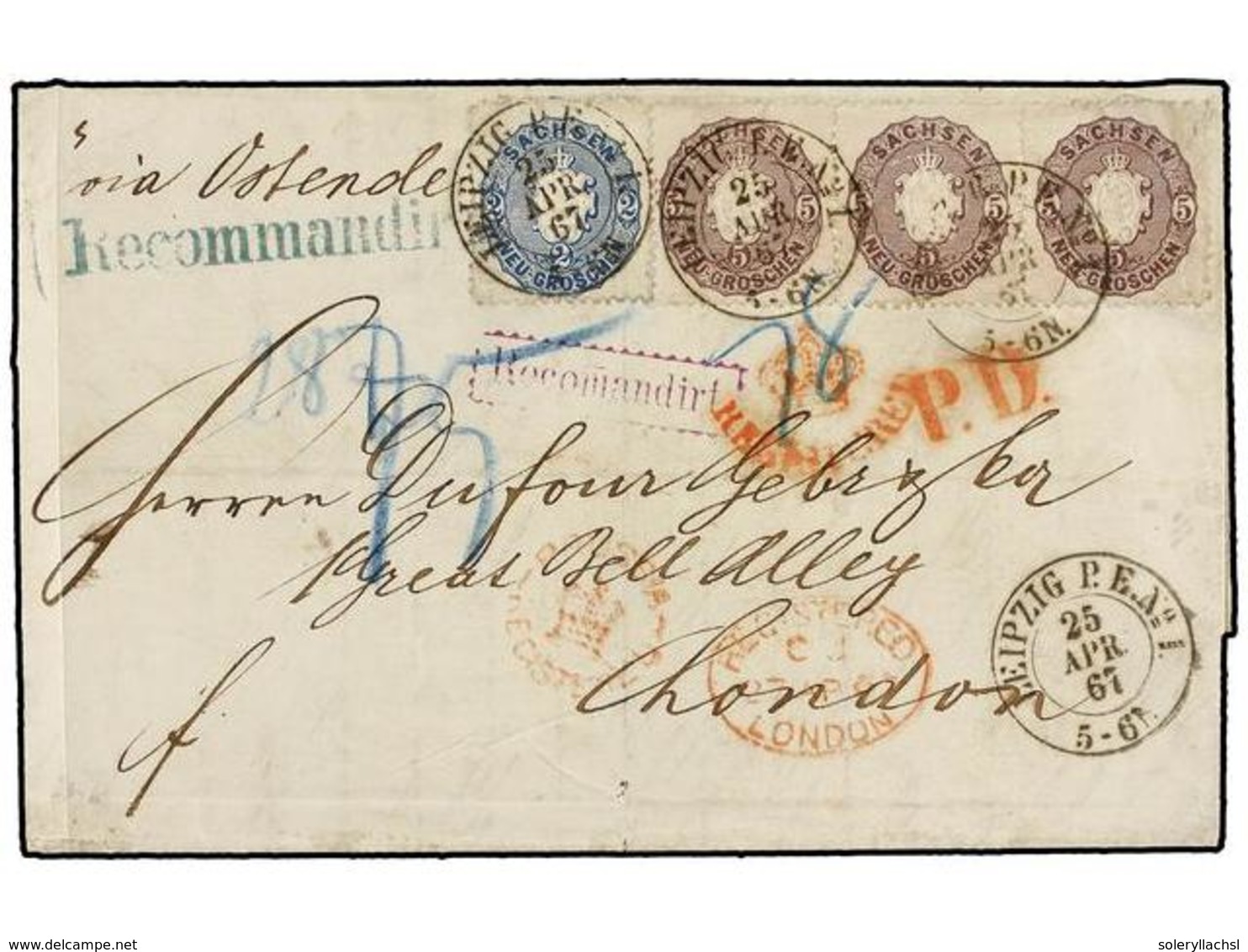 ALEMANIA ANTIGUOS ESTADOS: SAJONIA. 1867. LEIPZIG To LONDON. 2 Ngr. Blue And Strip Of Three 5 Ngr. Lilac. Diverse REGIST - Sonstige & Ohne Zuordnung