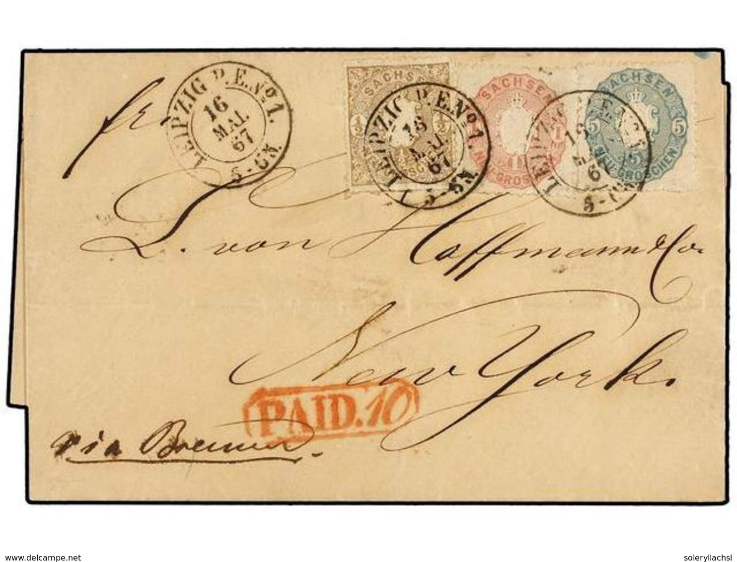 ALEMANIA ANTIGUOS ESTADOS: SAJONIA. Mi.15, 16, 19. 1867. LEIPZIG To NEW YORK. Folded Letter Franked With 1/2 Gr., 1 Gr.  - Autres & Non Classés