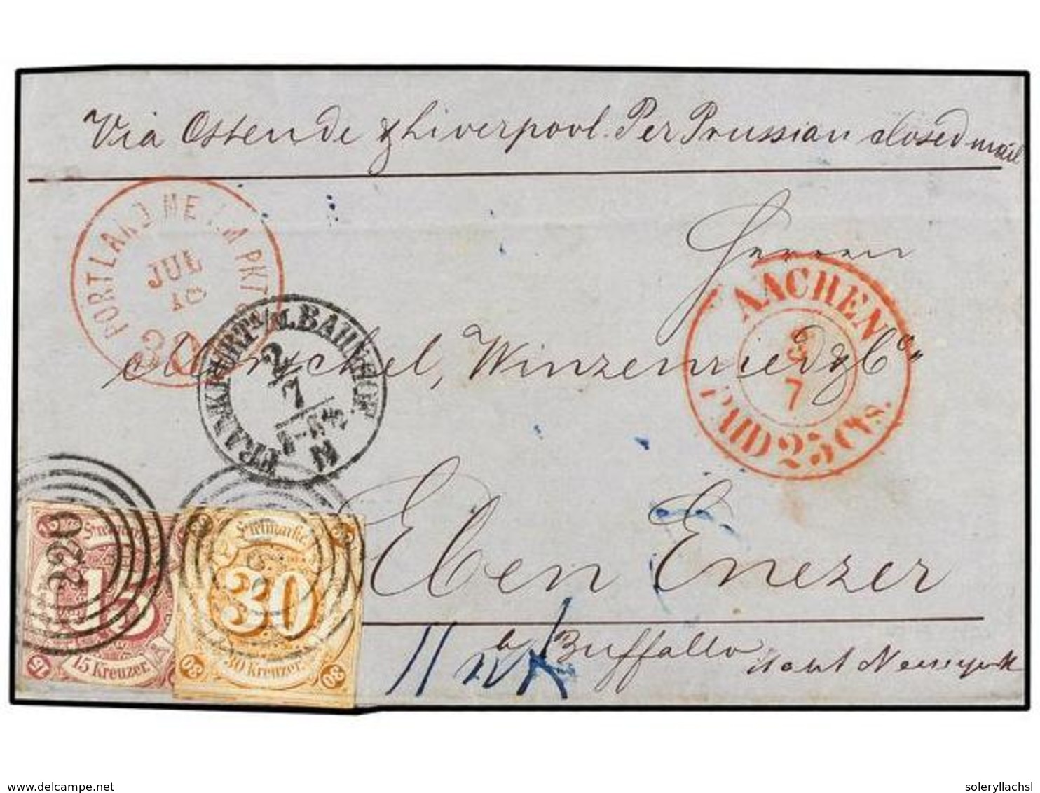 ALEMANIA ANTIGUOS ESTADOS: TOUR Y TAXIS. Mi.24, 25. 1861. FRANKFURT To U.S.A. Folded Letter Franked With 15 Kr. Lilac An - Sonstige & Ohne Zuordnung