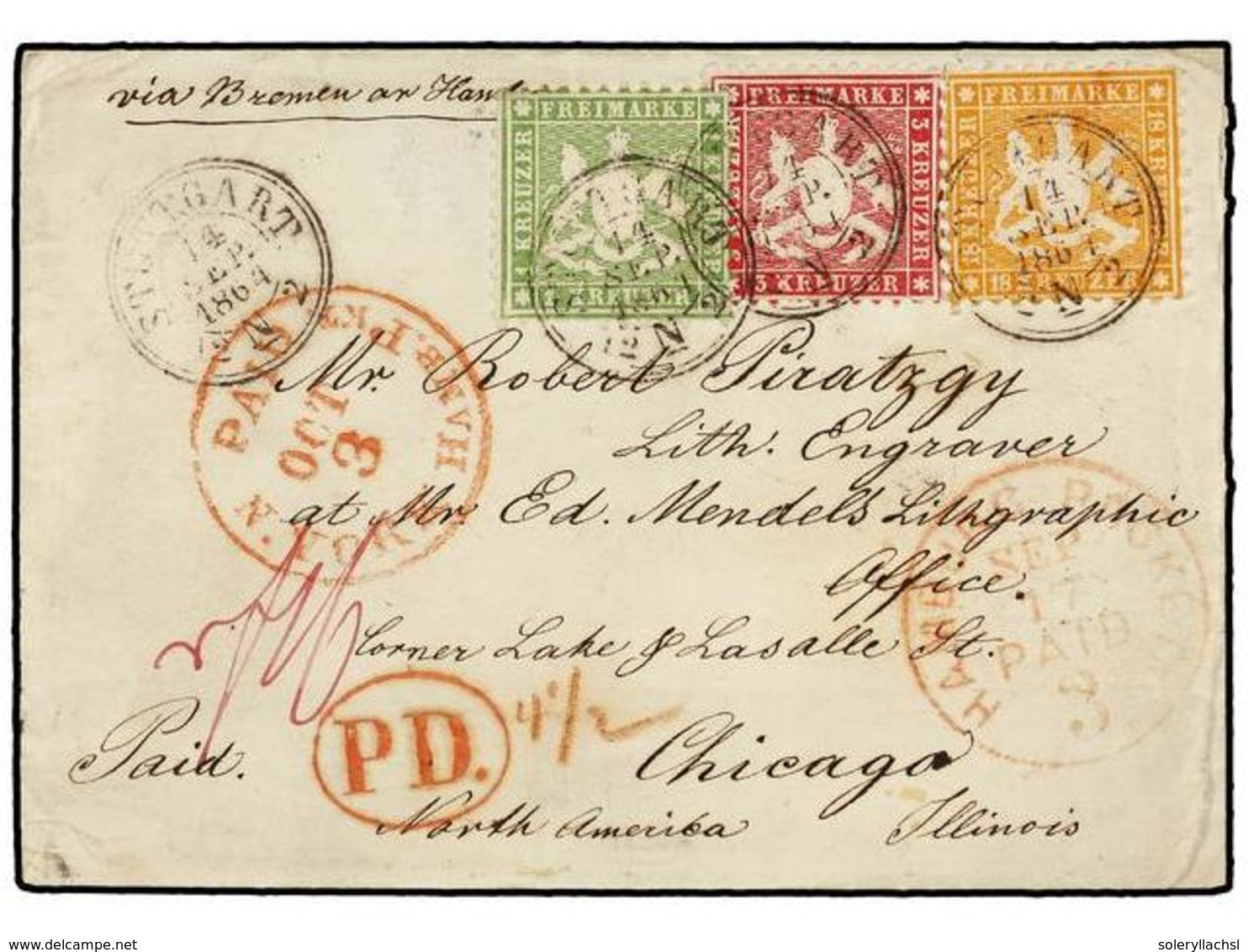 ALEMANIA ANTIGUOS ESTADOS: WURTEMBERG. Mi.25, 26, 29. 1864. STUTTGART To CHICAGO (.U.S.A.). Envelope Franked With 1 Kr.  - Andere & Zonder Classificatie