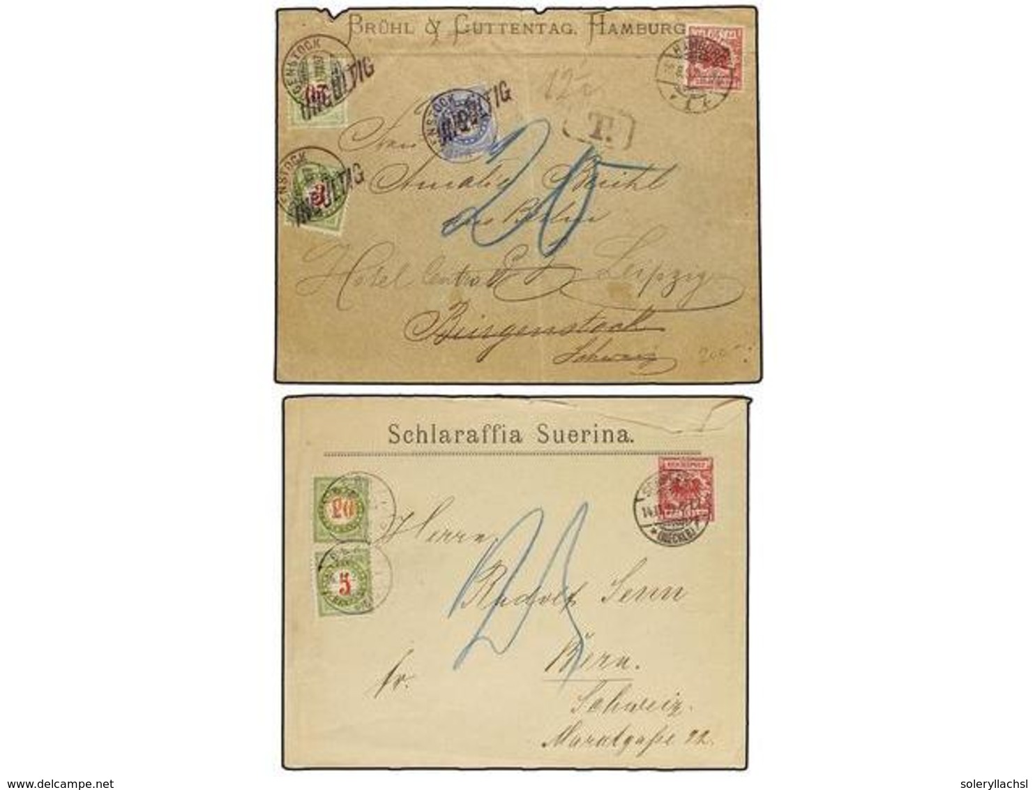 ALEMANIA. 1894-97. Two Covers Franked With 10 Pf. Red Taxed On Arrival With Swiss 5 + 20 Cts. Yellow Green And 3 + 20 Ct - Autres & Non Classés