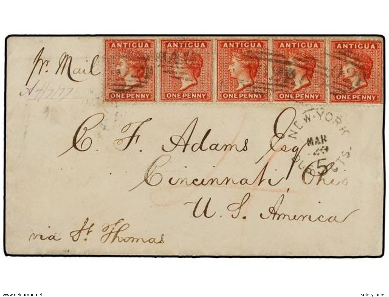 ANTIGUA. Sg.7 (5). 1877. ANTIGUA To USA. Envelope Franked With Strip Of Five Of 1 D. Vermilion Tied By A02 Cancel. Charg - Other & Unclassified