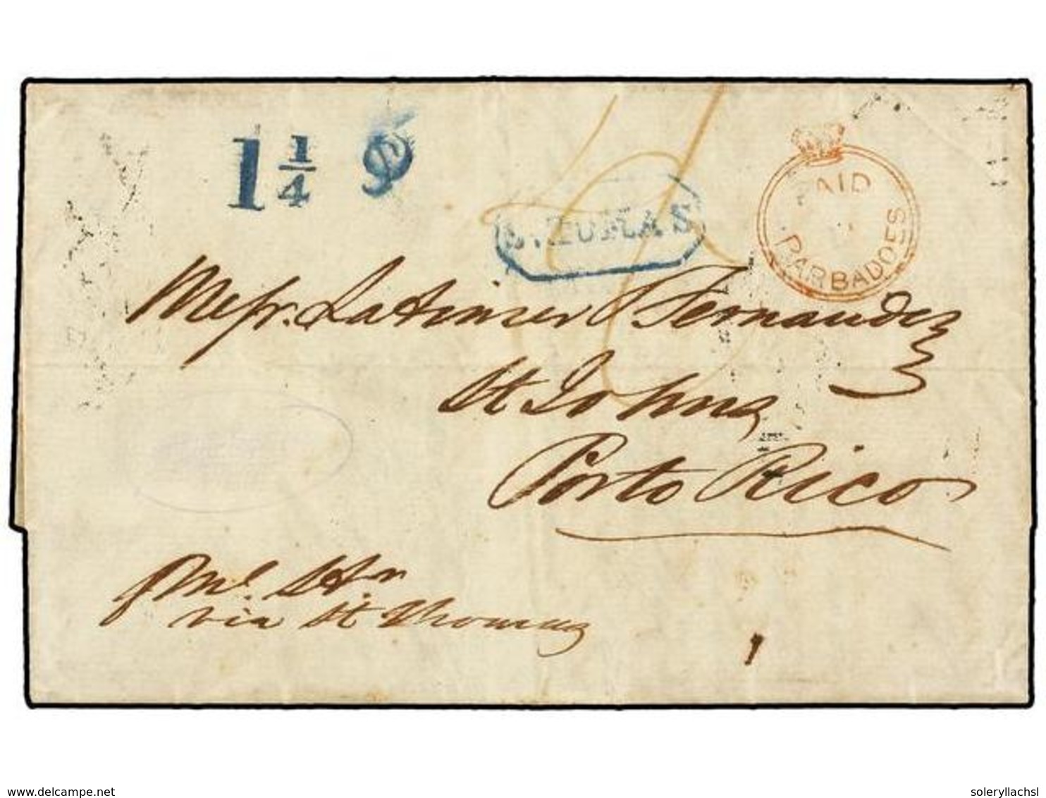 BARBADOS. 1851. BARBADOES To S. JUAN (Porto Rico). Entire Letter With Contents. Red PAID AT BARBADOES Strike And Rated " - Other & Unclassified