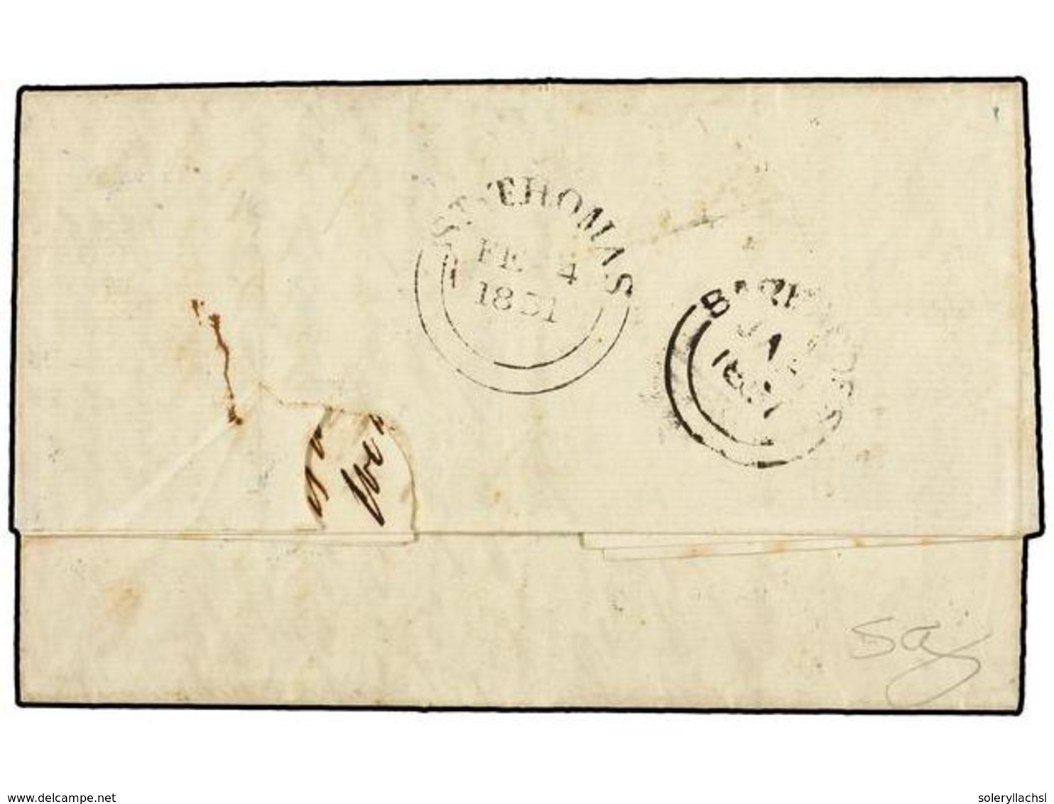 BARBADOS. 1851. BARBADOES To S. JUAN (Porto Rico). Entire Letter With Contents. Red PAID AT BARBADOES Strike And Rated " - Autres & Non Classés