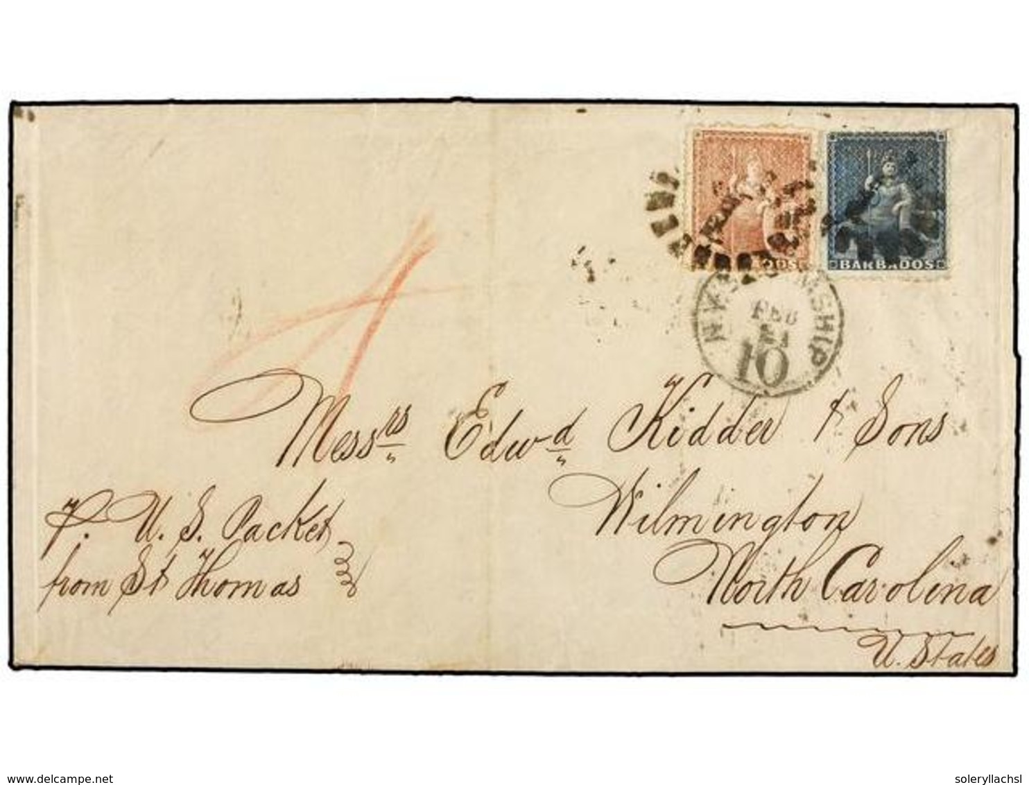 BARBADOS. Sg.23, 25. 1870. BARBADOS To U.S.A. Entire Letter Franked With (1 P.) Blue And (4 P.) Rose Perf. 14-16, Tied B - Other & Unclassified