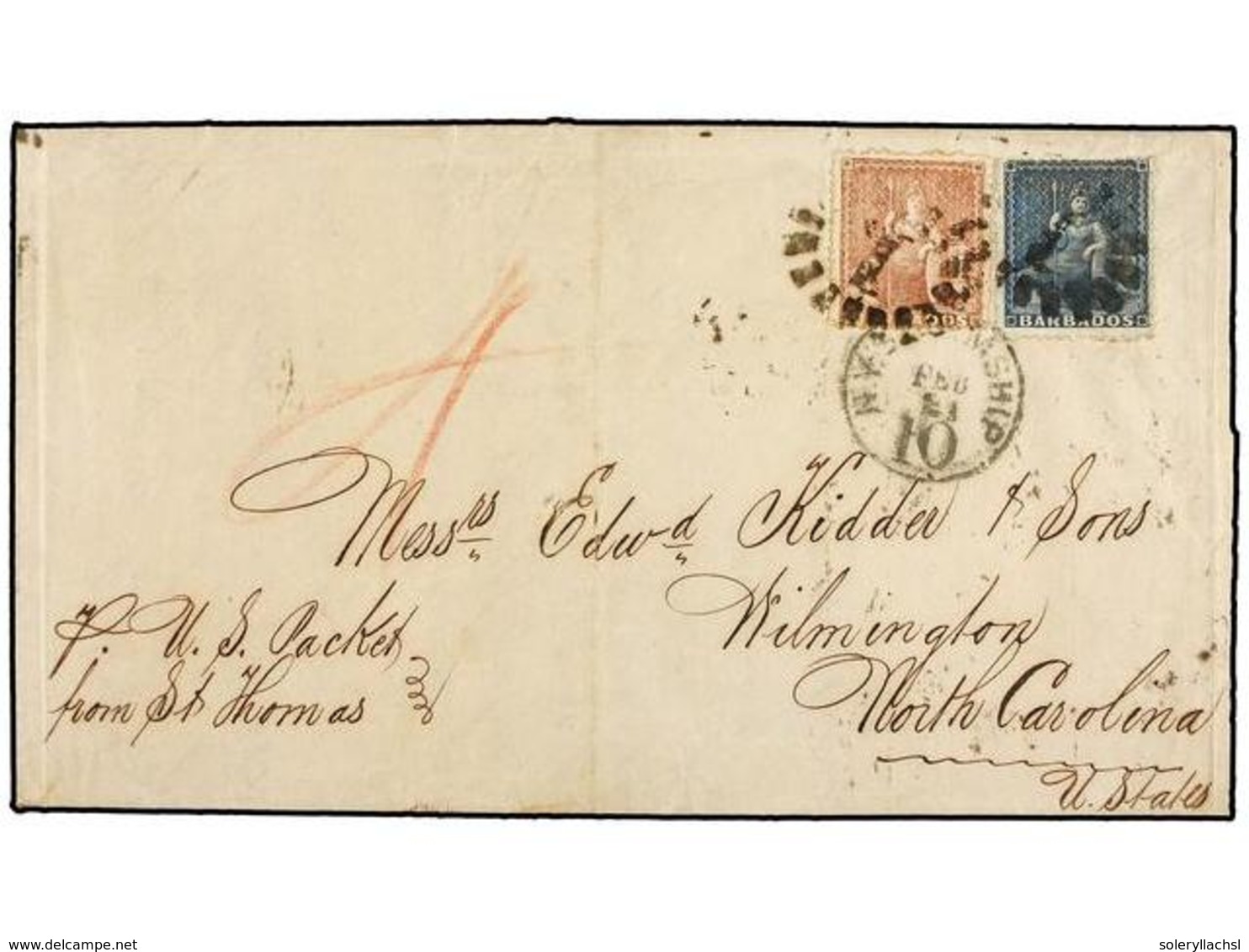 BARBADOS. Sg.23, 25. 1870. BARBADOS To U.S.A. Entire Letter Franked With (1 P.) Blue And (4 P.) Rose Perf. 14-16, Tied B - Autres & Non Classés
