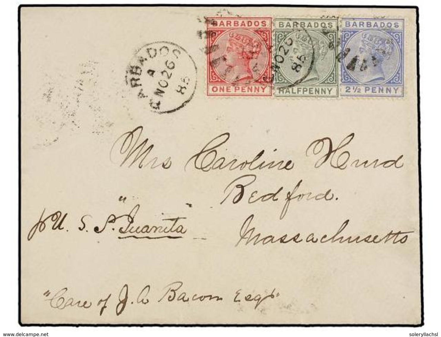 BARBADOS. Sg.89, 91, 93. 1885. BARBADOS To U.S.A. 1/2 D. Green, 1 D. Red And 2 1/2 D. Blue. Arrival On Reverse. - Sonstige & Ohne Zuordnung